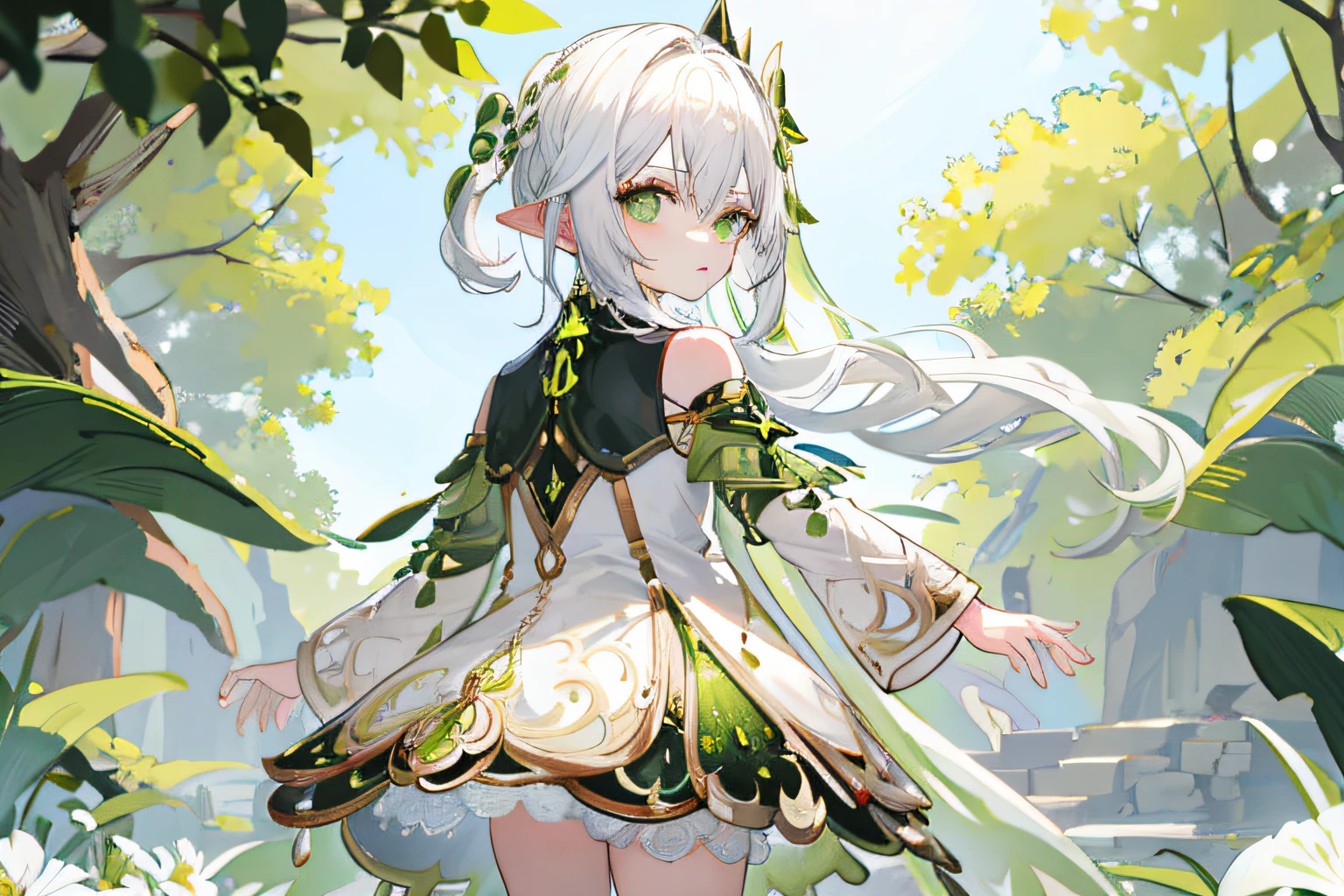 Nahida_Genshin,(White hair),cross-shaped pupils,default_dress,Green cape,Back hand