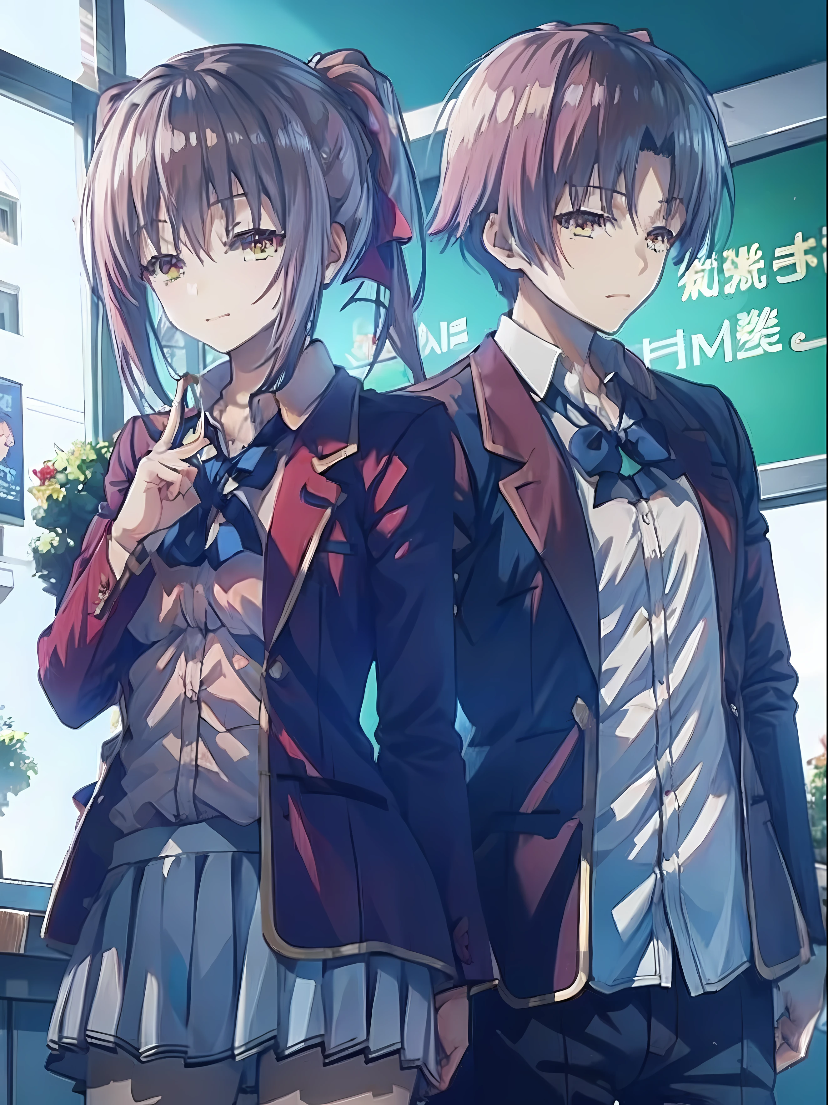 1 girl (amasawa ichika) , 1 boy (ayanokoji kiyotaka) , standing next to each other  , classroom of the elite , ufotable art style , 2 people , ultra sharp