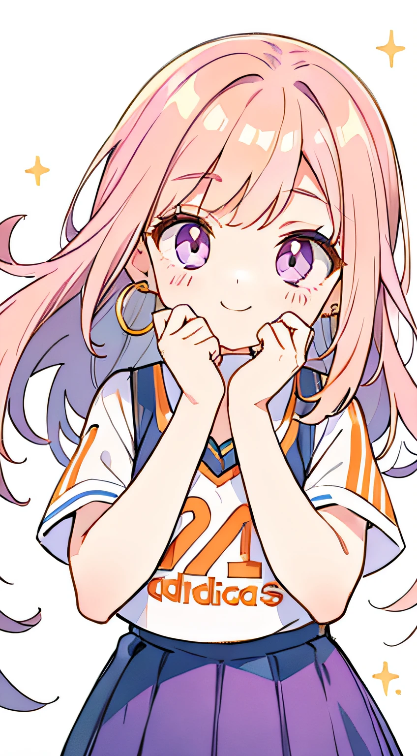 Woman with glowing purple eyes、20yr old、Hands in the mouth、a smile、Hands on cheeks、top-quality、Transparency、watercolor paiting、Straight orange hair, No bangs、simple background、Adidas jersey、pleatedskirt、makeups、hoop earrings