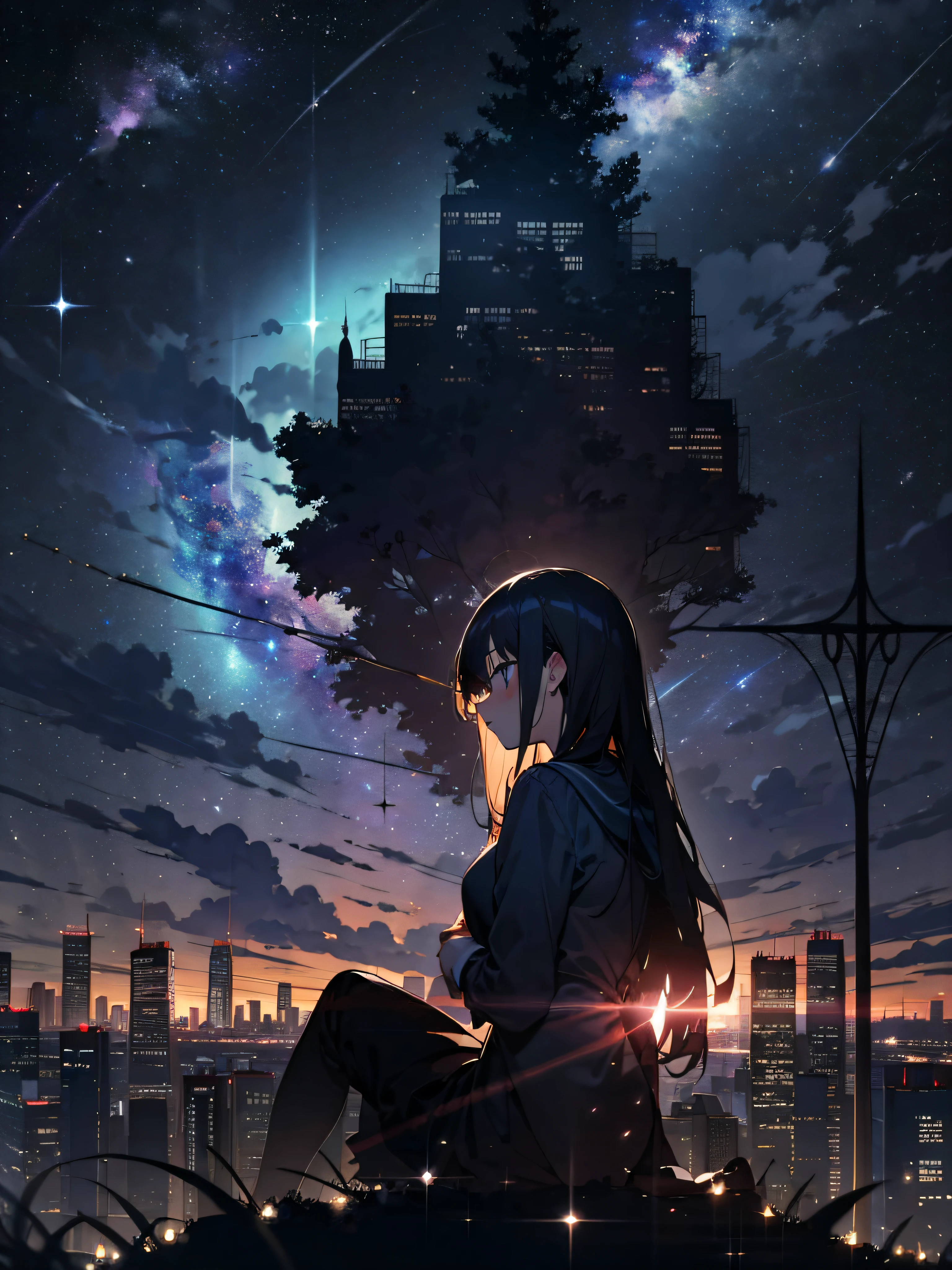 sky, star (sky), scenery, starry sky, night, 1girl, night sky, solo, outdoors, building, cloud, milky way, sitting, tree, long hair, city, silhouette, cityscape