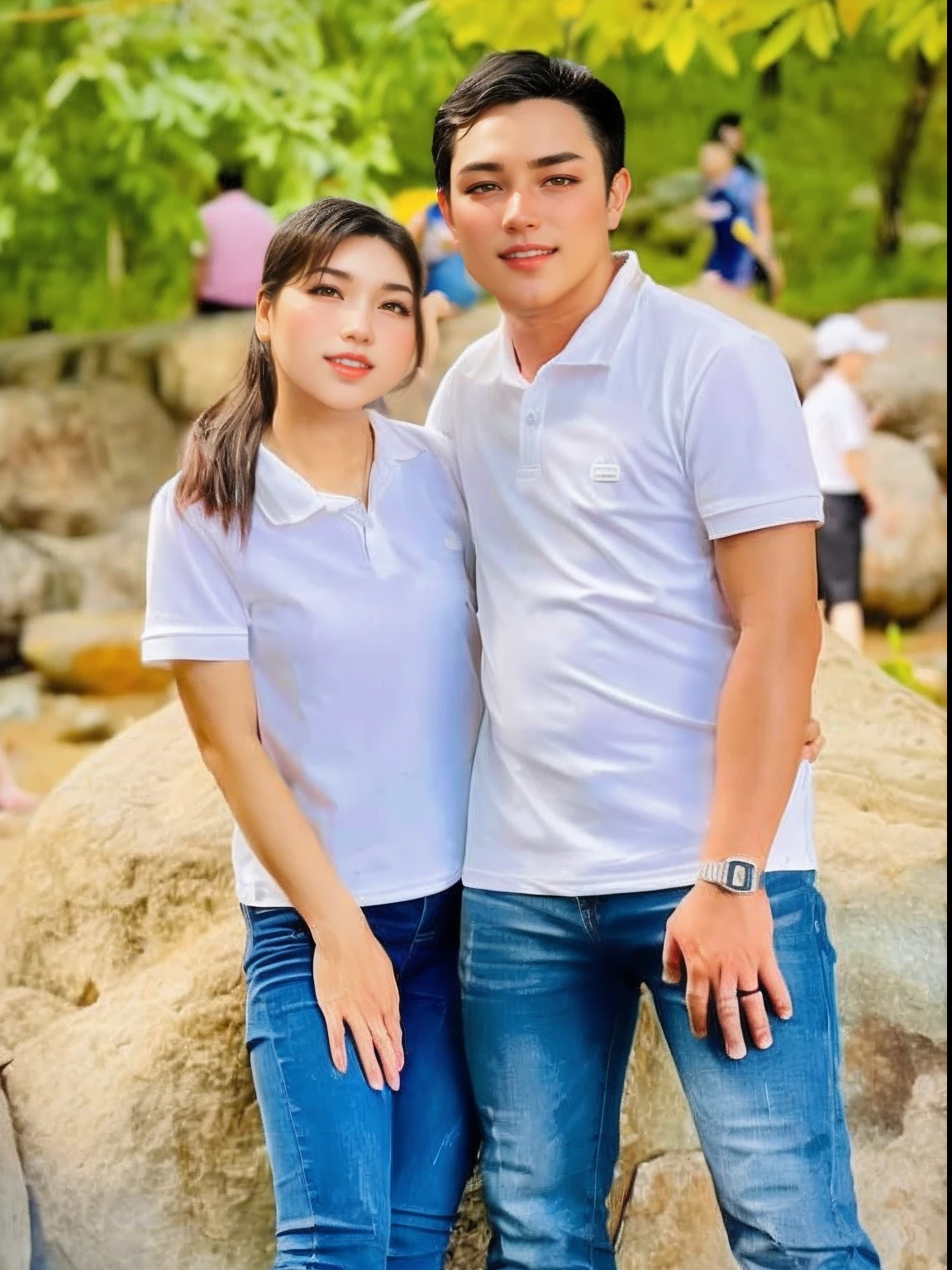 girl and boy, Realistic anime, Colorful Anime、the color of the dress or the color of the clothes is as advertised in professional magazines, Hair style metallic red or green nuggets, iridescent eyebrows, beautiful glitter, attractive curves, dimpled cheeks, genuine, dimpled cheeks, bright red lips, bright scene, background bokeh, candy green tree lines, white human skin, bright, realistic face, like a professional portrait, DSLR, niji style,portrait, simple background,realistic, bare_shoulder, cleavage,