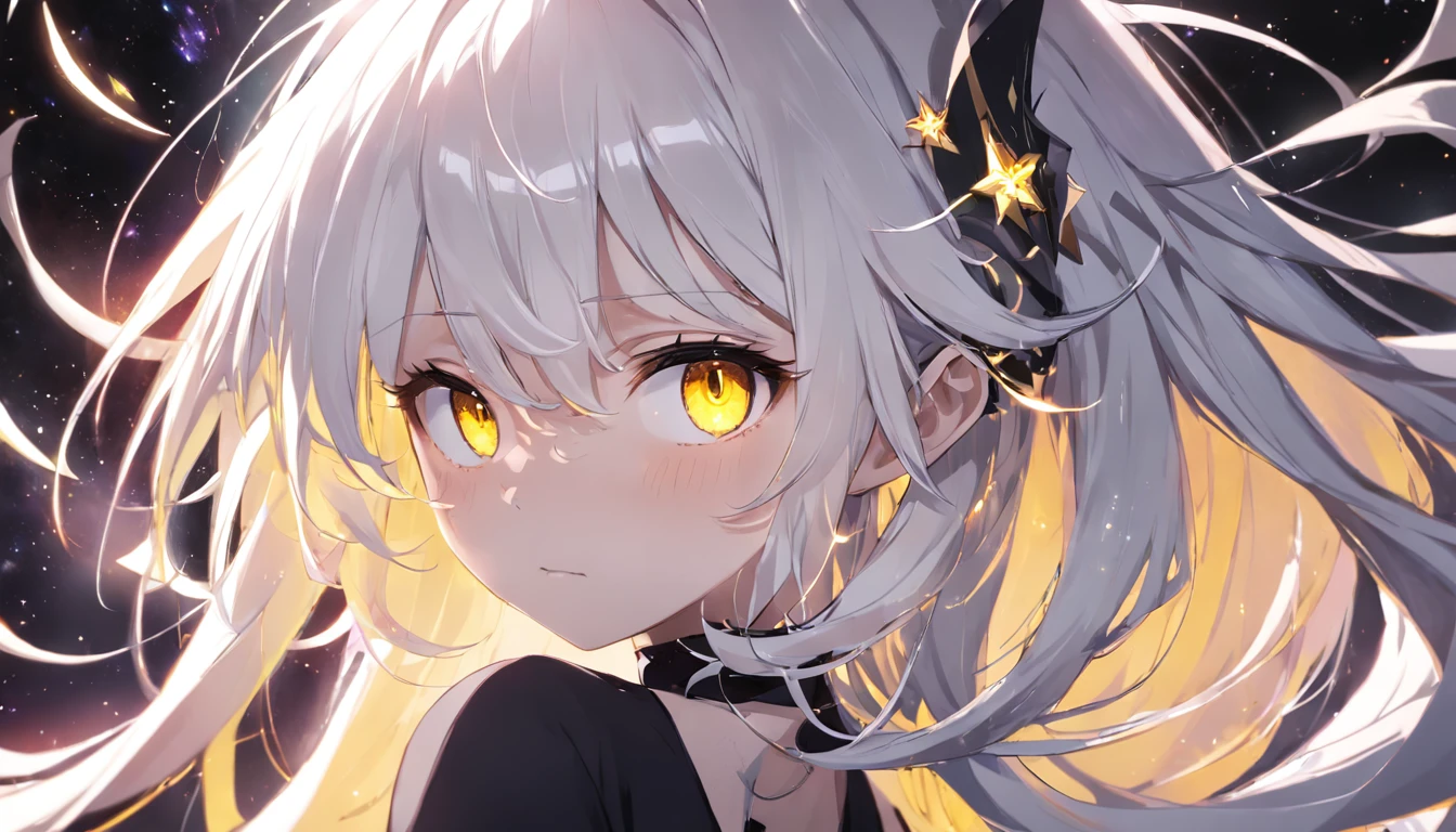 absurderes、hight resolution、(Official Art、Beautifully Aesthetic:1.2)、(Close View:1.15)、(1girl in、White hair、Hair in the middle、yellow eyes、radiant eyes、Black Long Dress)、Sparkling Galaxy、、Light Effects、