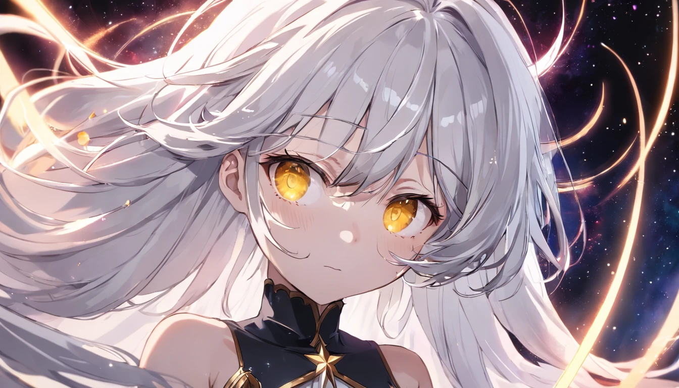 absurderes、hight resolution、(Official Art、Beautifully Aesthetic:1.2)、(Close View:1.15)、(1girl in、White hair、Hair in the middle、yellow  eyes、radiant eyes、Black Long Dress)、Sparkling Galaxy、、Light Effects、