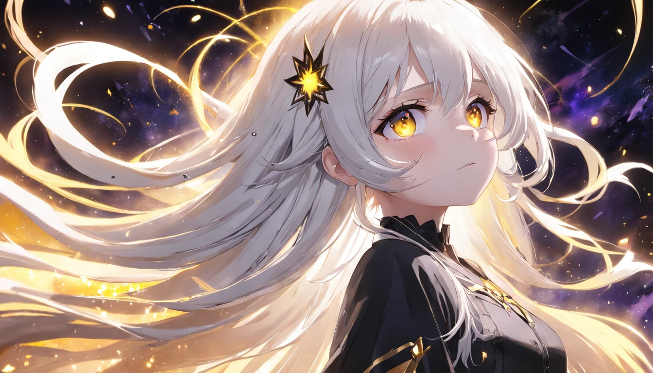 absurderes、hight resolution、(Official Art、Beautifully Aesthetic:1.2)、(Close View:1.15)、(1girl in、White hair、Hair in the middle、yellow eyes、radiant eyes、Black Long Dress)、Sparkling Galaxy、、Light Effects、