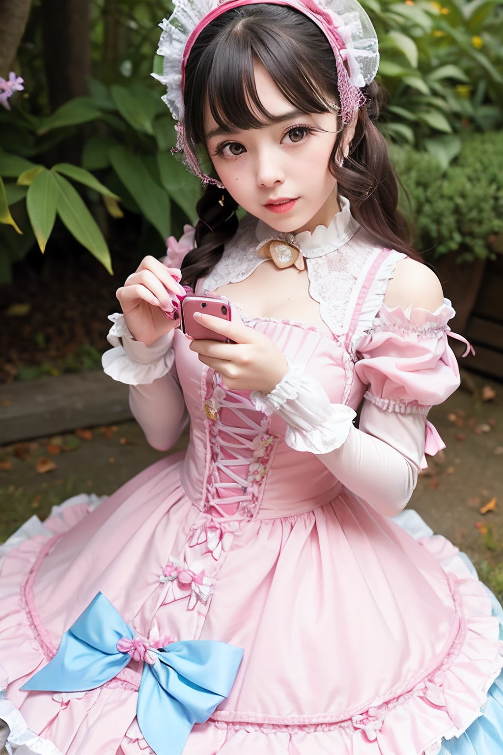 A woman in a dress was taking a picture..., Portrait of a magical Lolita girl, Belle Delphine, Lolita style, Beautiful Angels, portrait of the radical Lolita girl, chiho, Lolita Fashion, Rin, candy girl, Color Style Aya Takano, White double tail_gloves, Lori, shikamimi, fairycore, sakimichan