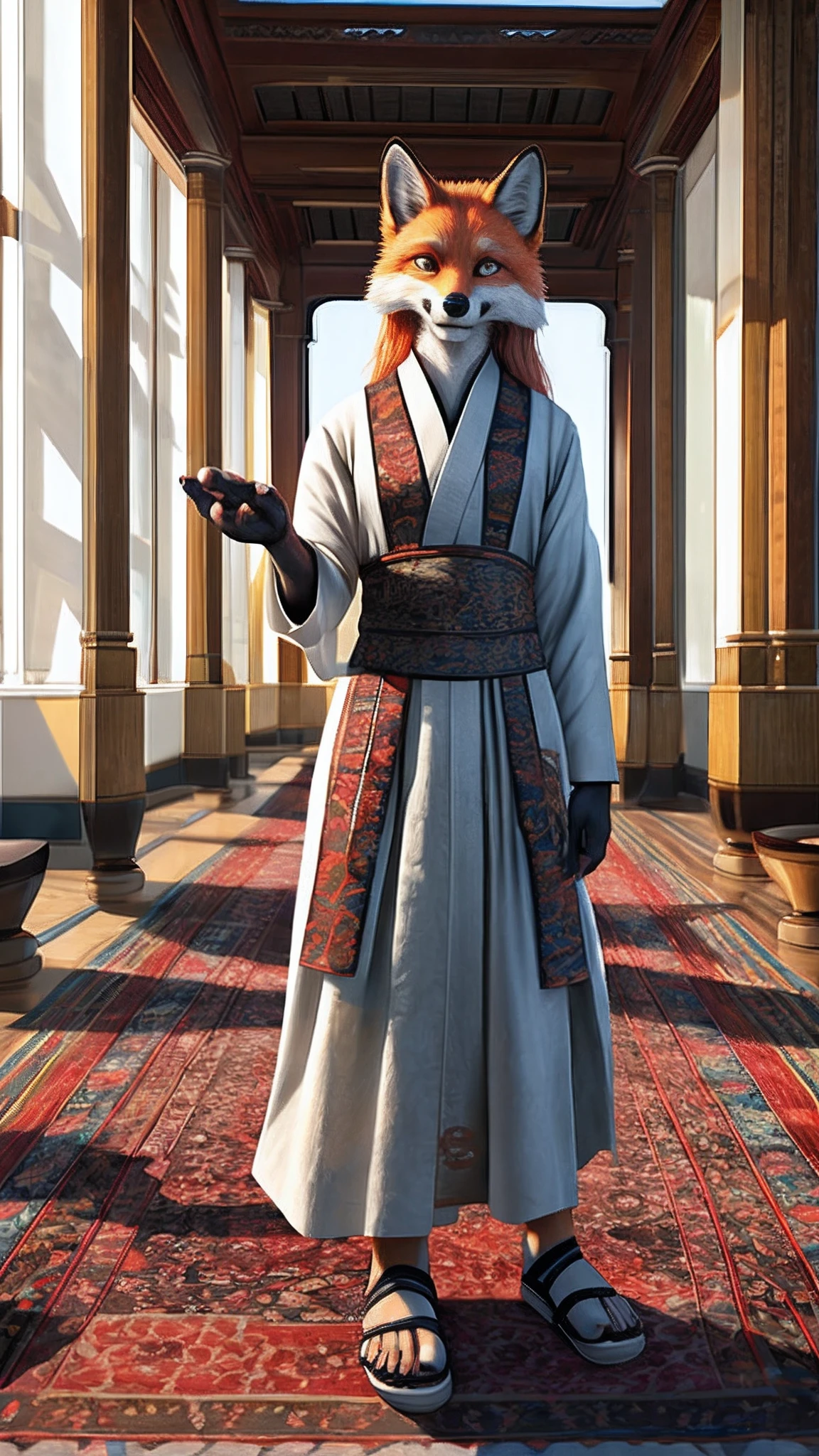 Bionic Fox,female,White Hanfu,sandals,Children,Standing on the carpet in the hotel,HD graphics,Detailed and realistic,high detal,high qulity,photo-realistic,photorealistic eye,Detailed paws,Clear eyes,Masterpiece artwork,Five-fingered hands,top-quality,32k,hyper HD