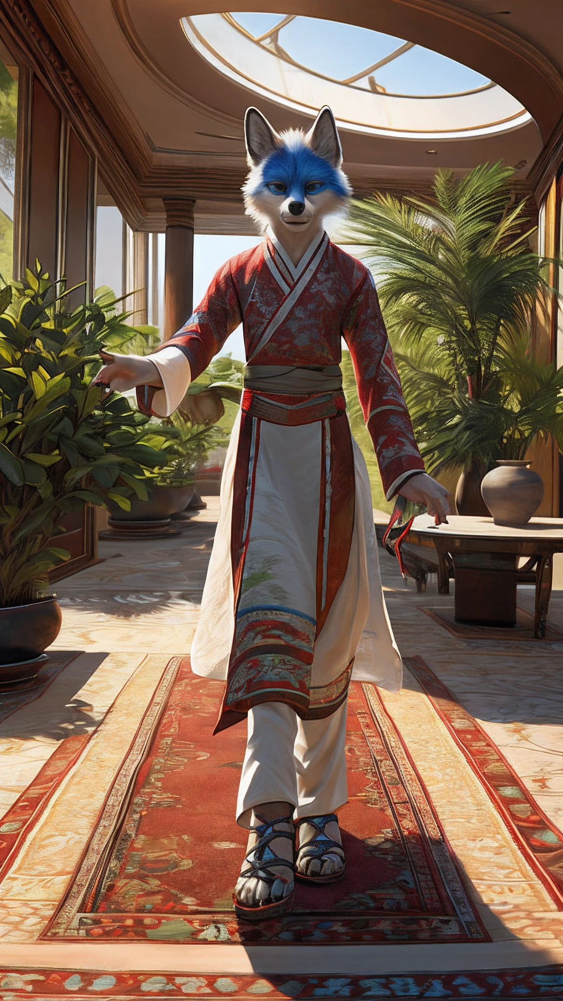 Bionic Fox,female,White Hanfu,sandals,Children,Standing on the carpet in the hotel,HD graphics,Detailed and realistic,high detal,high qulity,photo-realistic,photorealistic eye,Detailed paws,Clear eyes,Masterpiece artwork,Five-fingered hands,top-quality,32k,hyper HD