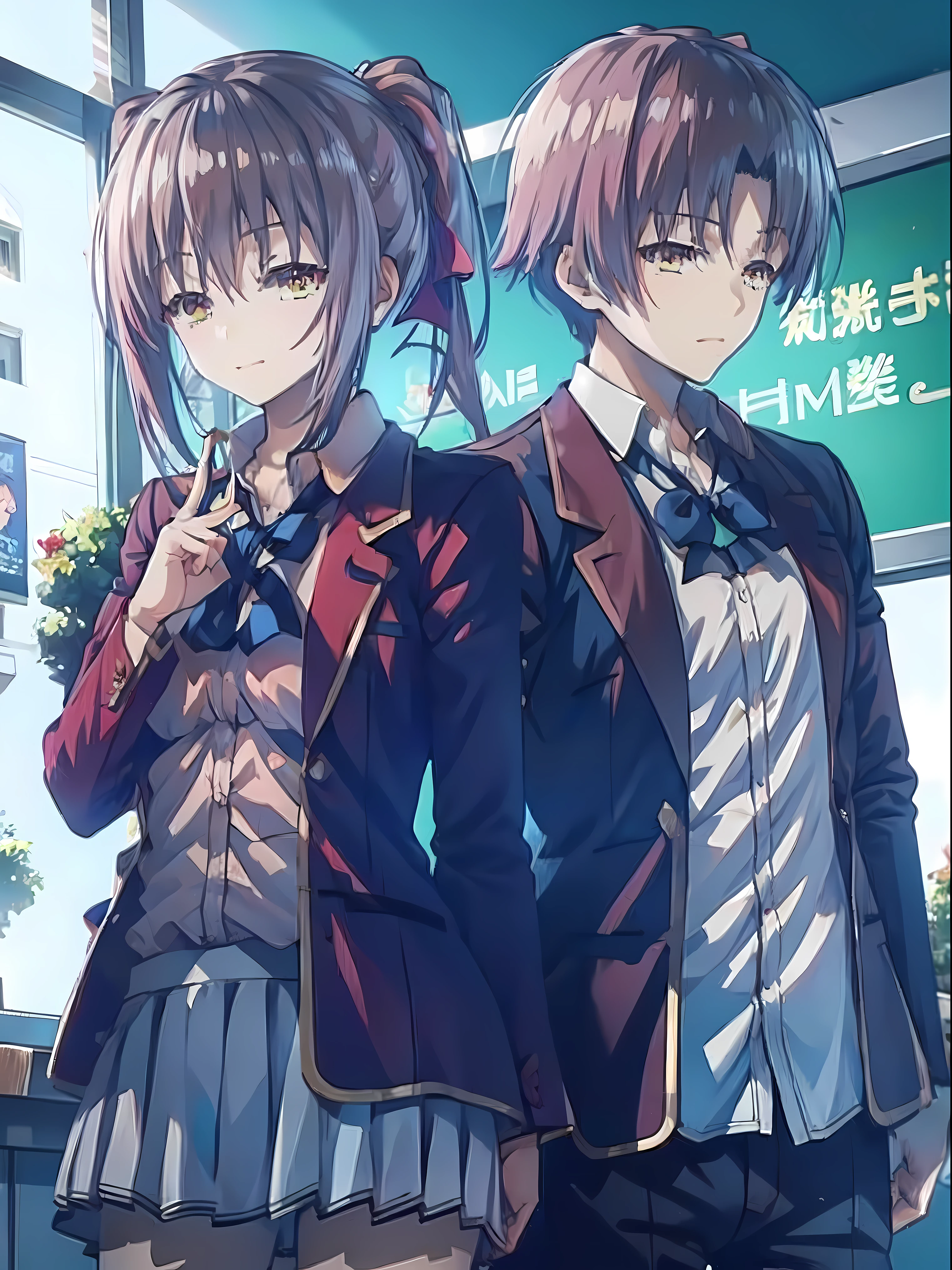 1 girl (amasawa ichika) , 1 boy (ayanokoji kiyotaka) , standing next to each other  , classroom of the elite , ufotable art style , 2 people , ultra sharp