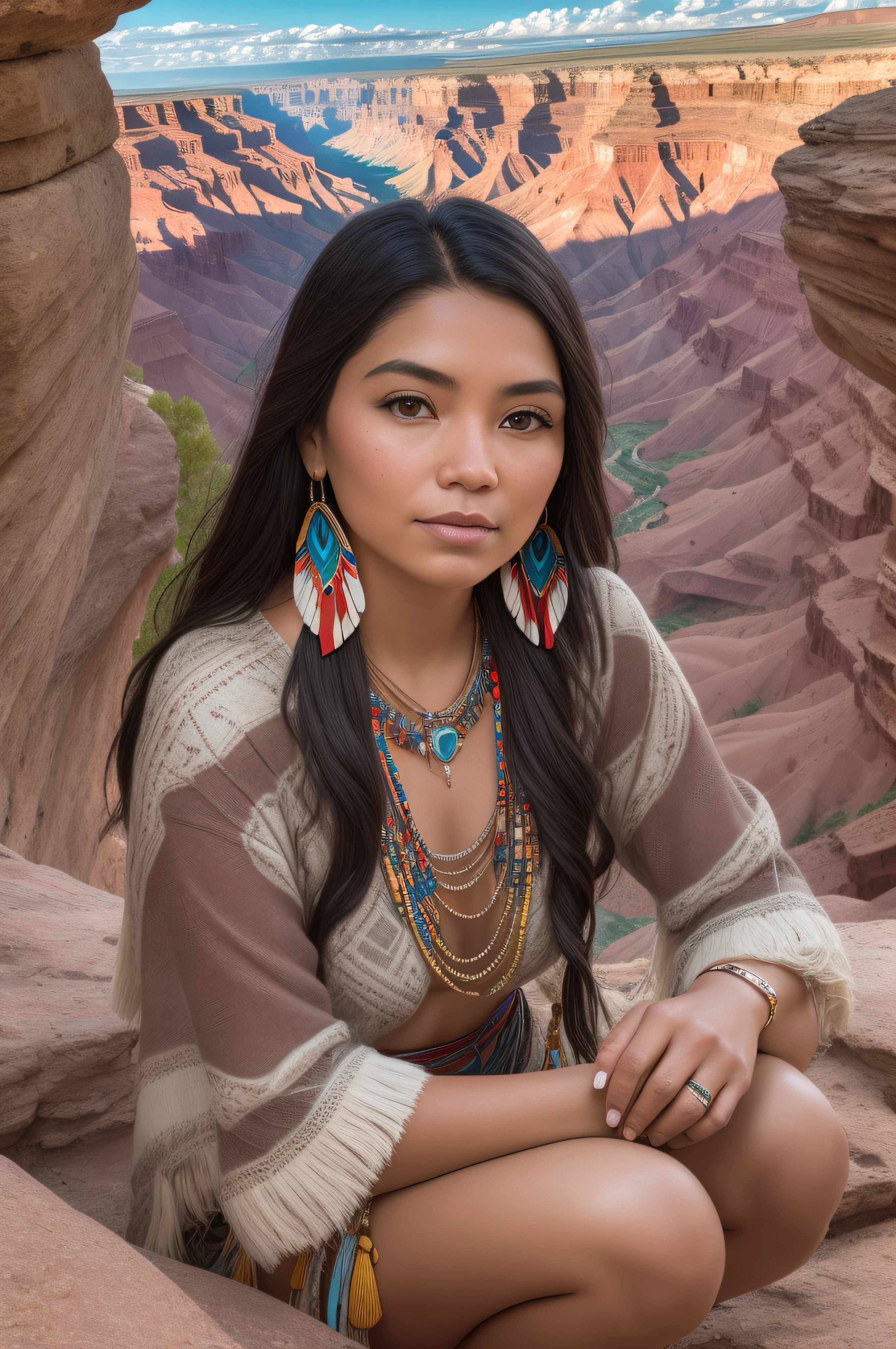 A twenty-five old brown-haired Native American woman, between the ages of 20 and 25, stands in the heart of the canyon, her sparkling eyes radiating an amorous allure. Her presence in this natural wonderland is a reflection of her connection to the land and her people's rich history. Her gaze invites you to explore the depths of her captivating heritage against the backdrop of the canyon's grandeur.