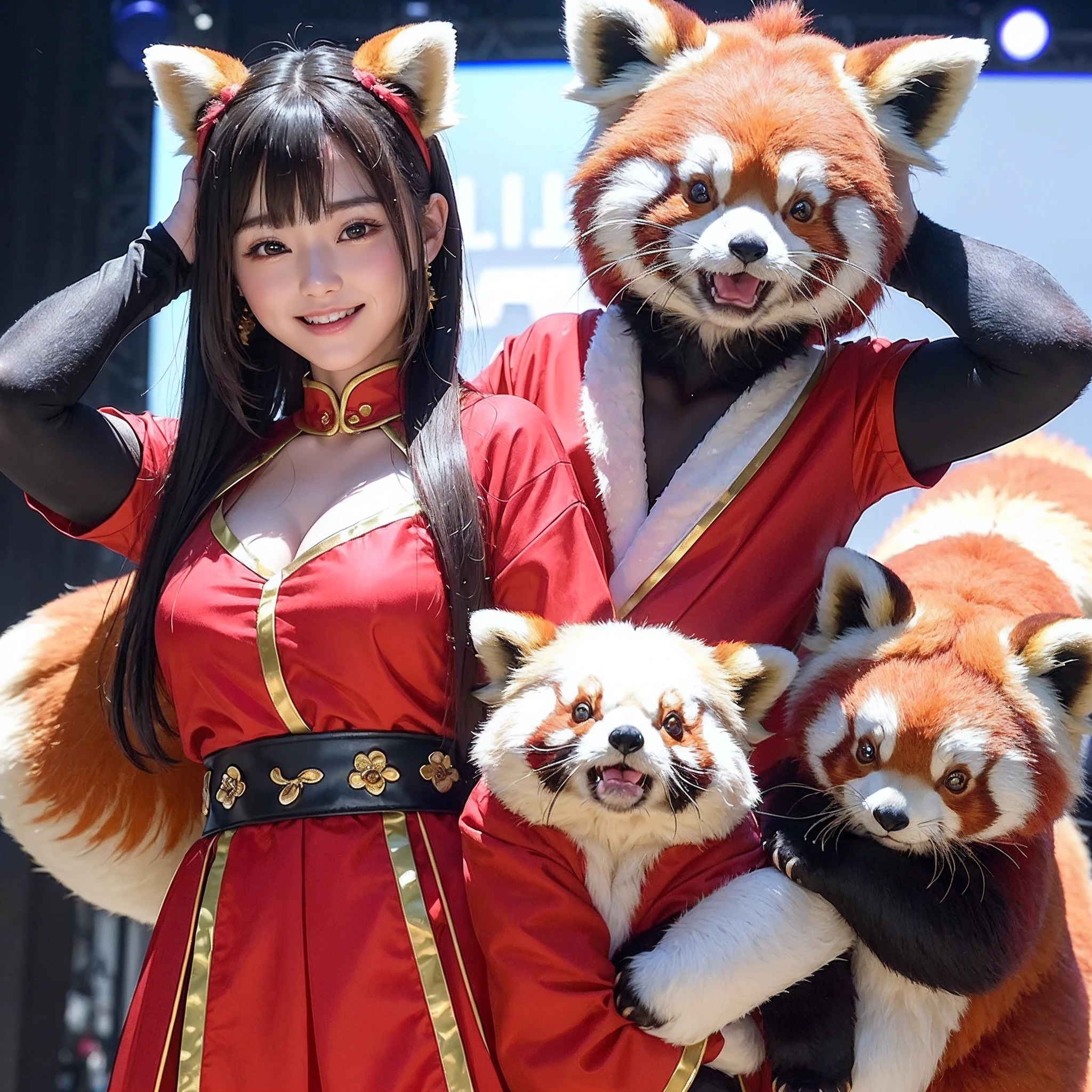 (8K、RAW Photos、top-quality、masterpiece:1.5)、(realisitic、Photorealsitic:1.5)、ultra-detailliert、超A high resolution、lighting like a movie、(((Idol who loves red pandas)))、(((Japan 16 year old girls)))、(((Wearing a cute costume with a red panda motif)))、(Lots of red pandas:1.5)、cute smile face、Happy and energetic atmosphere、dynamic ungle、动态照明