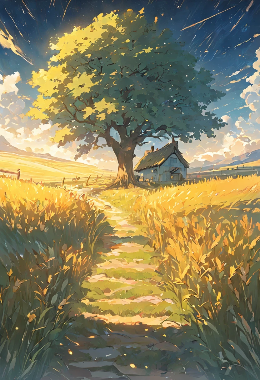 small village,Van Gogh painting style,paths,The tree,grassy,Cook,((starrysky)),fine art piece,wheat field,tmasterpiece,k hd。
