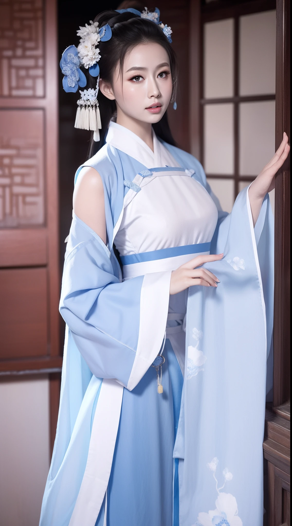 Blue and white porcelain style，Ancient Chinese clothing，white apparel，The clothing has a blue and white pattern，ancient china art style，Fashion model 18 years old [[[[closeup cleavage]]]], [[[[boobgasm]]]], [[[[coll]]]], [[[[bshoulders]]]], perfect  eyes, Perfect iris，Perfect lips，perfect teeth，Perfect skin，with fair skin，Soft front light，hdr，Movie girl，long whitr hair，The expression was melancholy，The background is an ancient Chinese interior，4K Ultra HD, 超高分辨率, (Photorealistic: 1.4), Best quality，Masterpiece，Utra dilution，（pastel colour：1.2）