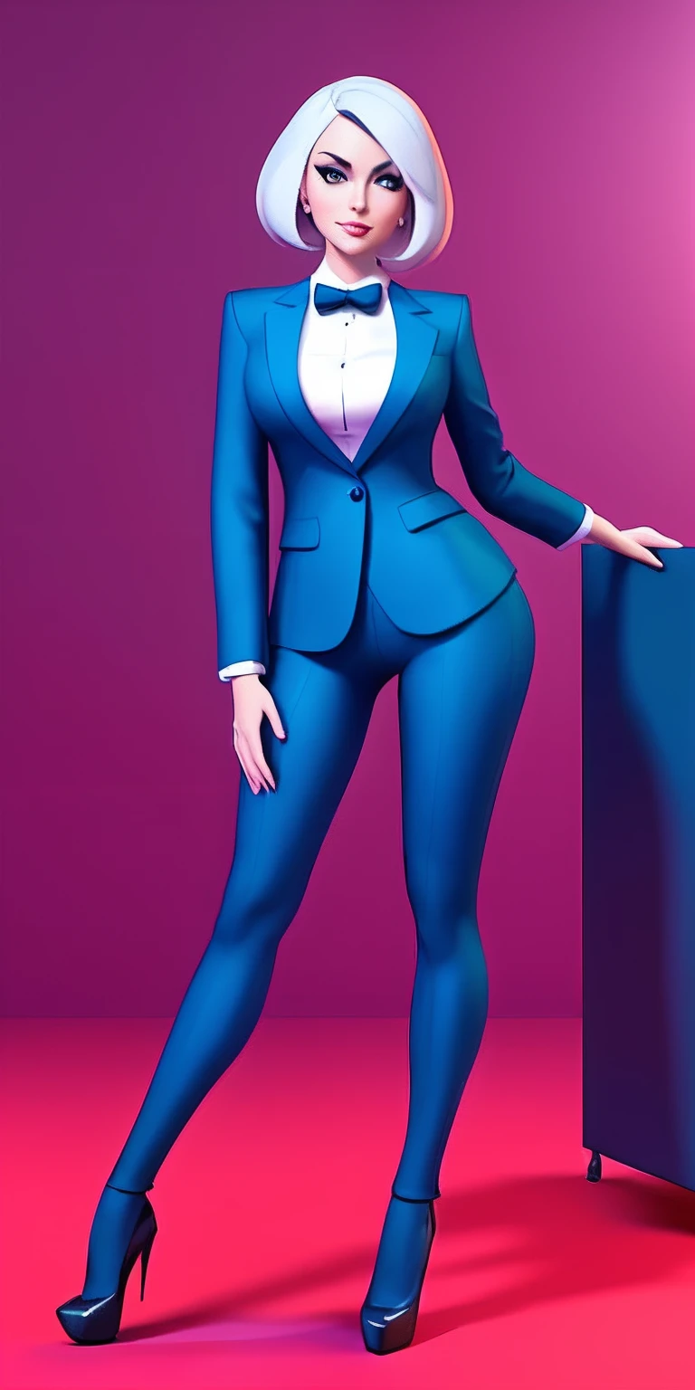 cartoon illustration of a woman in a suit and heels posing, character full body portrait, official character art, girl in suit, girl in a suit, full body character portrait, stylized portrait formal pose, official character illustration, 3 d render official art, digital art of an elegant, full-body character portrait, anya from spy x family, wearing tight suit