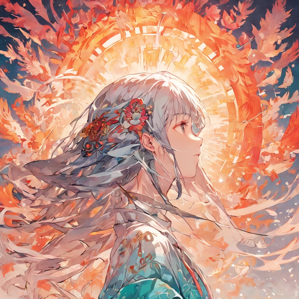(White background:1.4),(Silhouette of a girl's head, Eyes closed, Colorful long hair, Oriental elements),(Chinese Illustration:1.3,paper art:1.3, Quilted Paper Art:1.2),( Reasonable design, Clear lines, High Sharpness,Best Quality, Very detailed, masutepiece, Movie Light Effects, 4K )