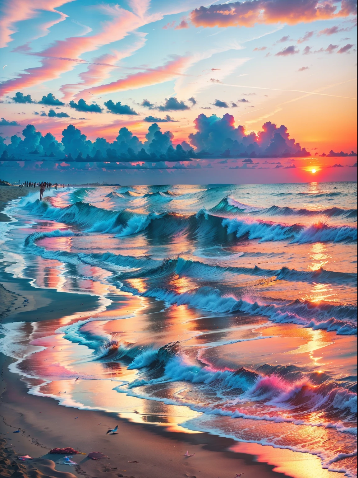 Absolutely mesmerizing sunset on the beach with a mix of oranges, pinks and yellows in the sky. The water is crystal clear, gently kissing the shore, and the white sand is endless. The scenes are action-packed and breathtaking, with seagulls soaring high in the sky and palm trees swaying gently. Immerse yourself in the calm atmosphere and let the serenity surround you.