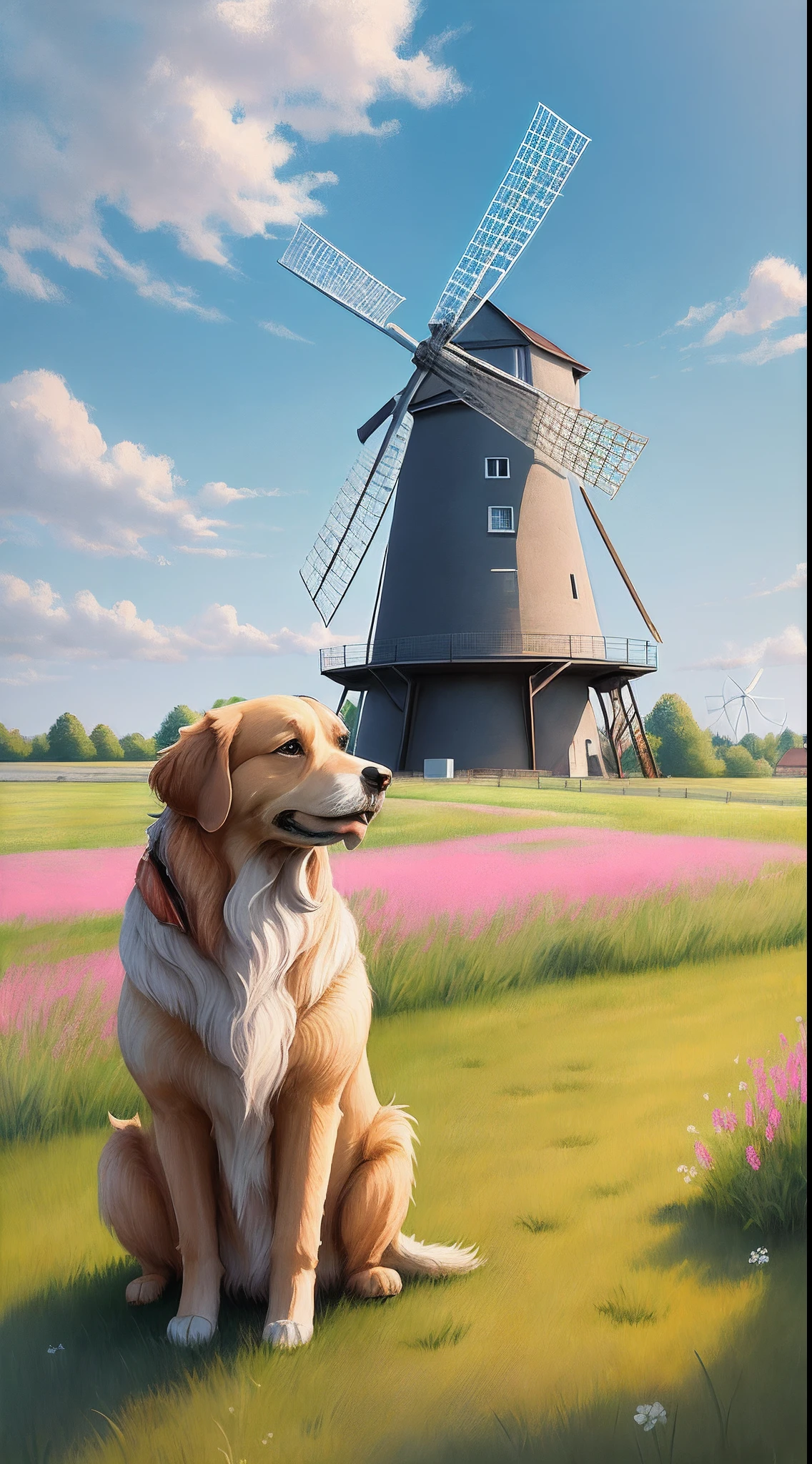 Help me create an oil color illustration:The picture has blue sky and white clouds,In the distance of the meadow there is a large pink windmill,Nearby, there is a golden retriever squatting on the grass and looking into the distance