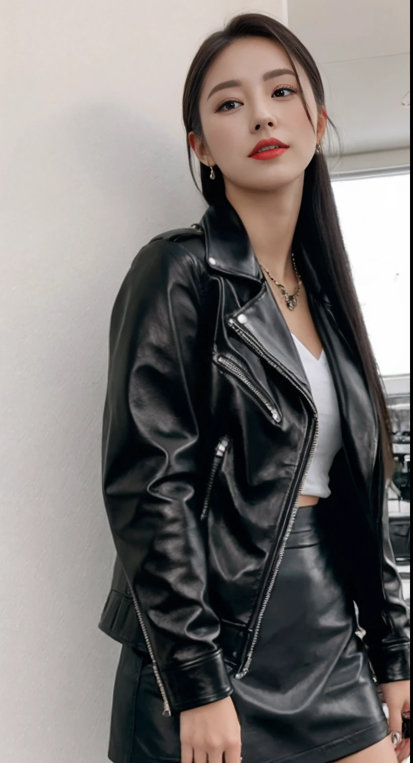 There is a woman in a black leather jacket and a black tight skirt