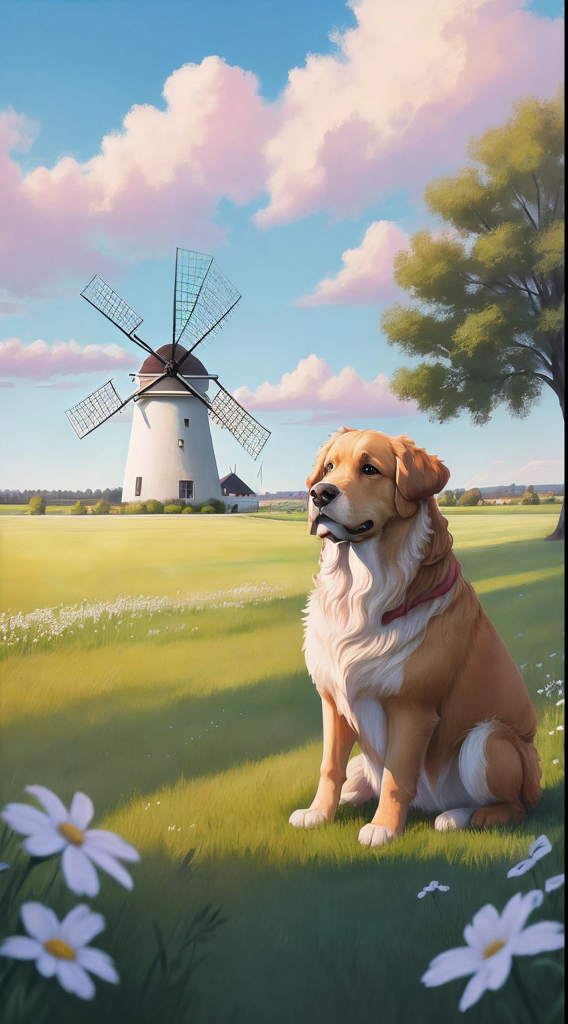 Help me create an oil color illustration:The picture has blue sky and white clouds,In the distance of the meadow there is a large pink windmill,Nearby, there is a golden retriever squatting on the grass and looking into the distance