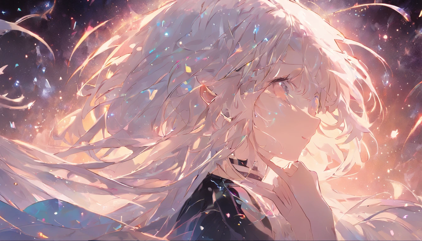 absurderes、hight resolution、(Official Art、Beautifully Aesthetic:1.2)、(Close View:1.15)、(1girl in、White hair、Hair in the middle、yellow eyes、radiant eyes、Black Long Dress)、Sparkling Galaxy、、Light Effects、