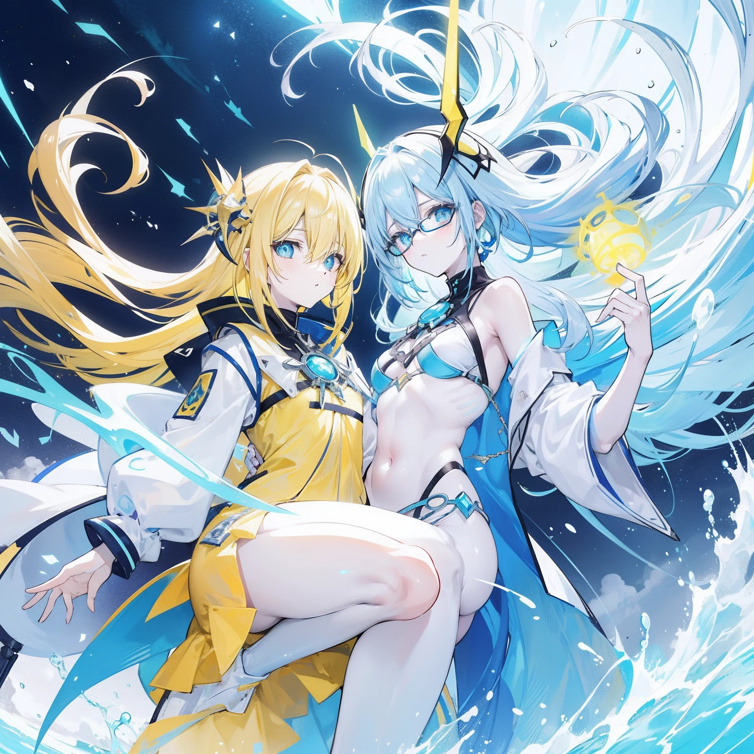 Fluorescent pale bluish-yellow hair,Blue-pink pupils,Black thick-rimmed glasses,Yellow, blue and white clothes,A super good-looking, especially sweet and cute female sea king,The human body generally refers to the light of faith,Looks milky