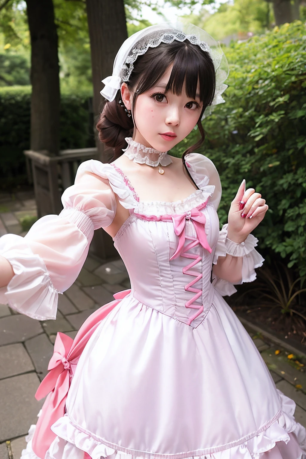 A woman in a dress was taking a picture..., Portrait of a magical Lolita girl, Belle Delphine, Lolita style, Beautiful Angels, portrait of the radical Lolita girl, chiho, Lolita Fashion, Rin, candy girl, Color Style Aya Takano, White double tail_gloves, Lori, shikamimi, fairycore, sakimichan