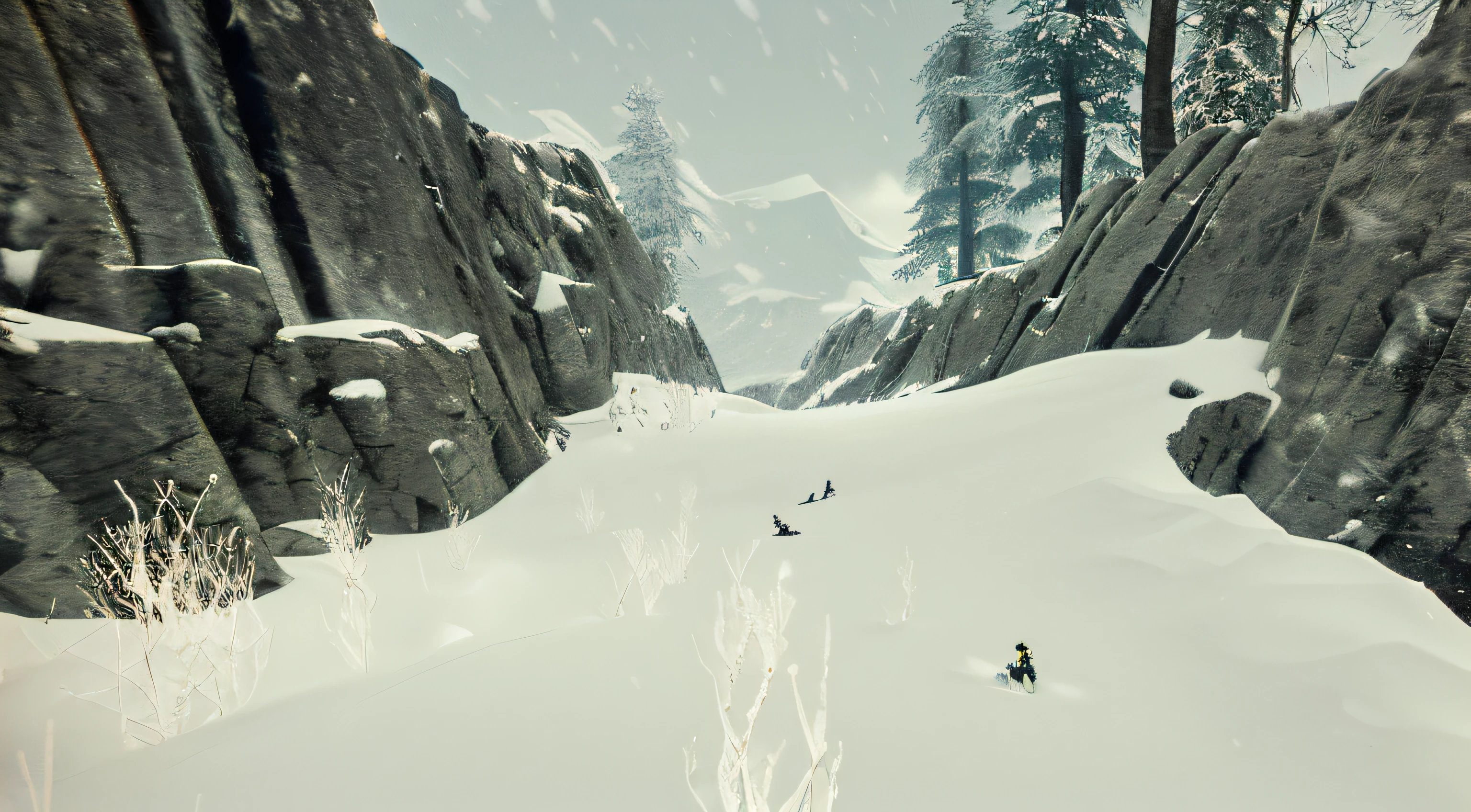 There is a snow-capped mountain，There is a lone snowboarder on it, snow wasteland, Snowy environment, Snowy plains, snow cave, Forgotten valley, snow mountains, cold environment, Snowy mountains, mountain snow, snow forest, snow dunes, unity screenshot, snow field, video game screenshot>, screenshot from an fps, rendered in cryengine, First-person screenshot