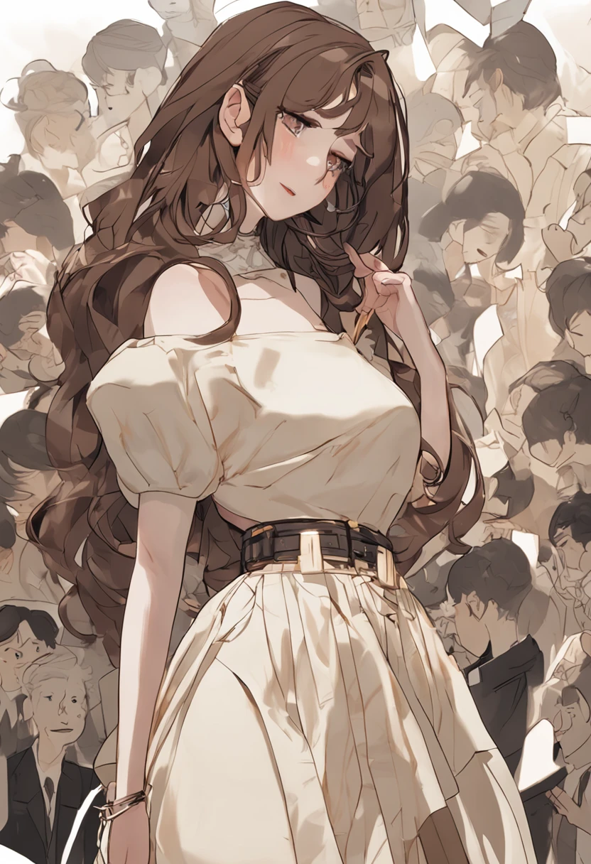 Delicate brown hair,Slender woman being held by a man、A slight smil、Black tube top、Light cream tulle skirt。Beige boots、Walk straight、Super Detail,Anatomically correct、Ray traching,细致背景、