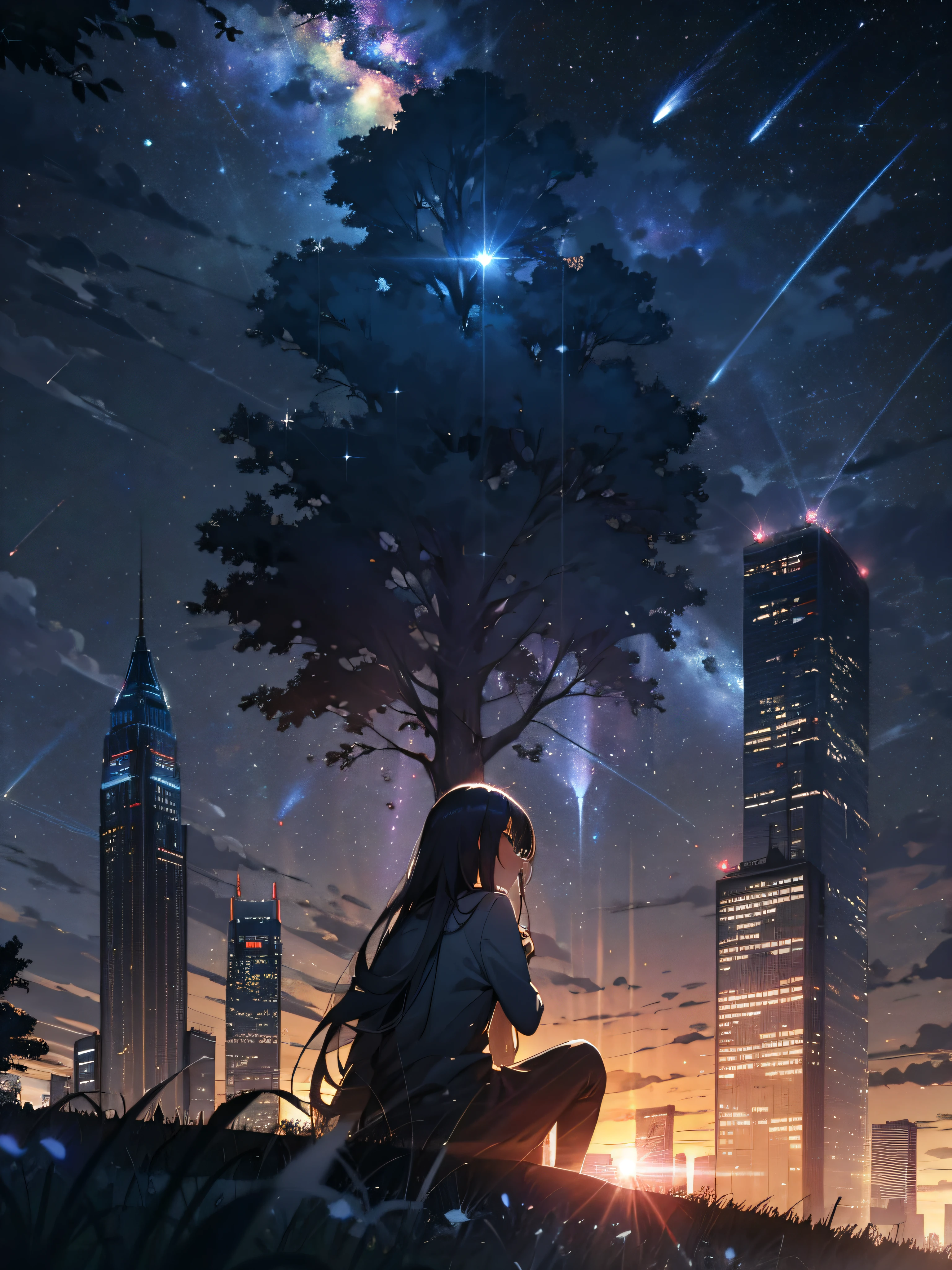 sky, star (sky), scenery, starry sky, night, 1girl, night sky, solo, outdoors, building, cloud, milky way, sitting, tree, long hair, city, silhouette, cityscape