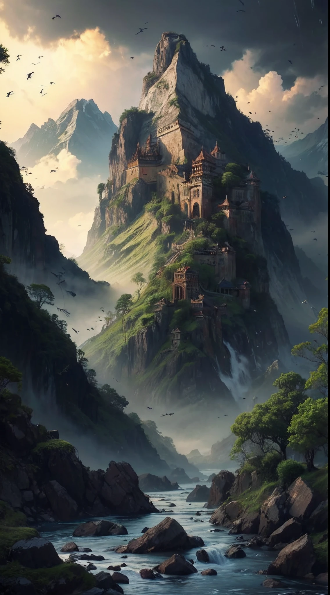 lanscape, 8k potrait of realistic beautiful landscape with temple in the climb of mountain, intricate, elegant, realistic depth of field photography, perfect natural lighting (masterpiece, sidelighting, finely detailed beautiful lanscape), long hair, realistic lots of hair, realistic suit, realistic mountain, realistic sky, beautiful sky, ray of light, rule of third photography, point of interest photography, perfect lanscape color tone, realistic river, realistic stone, realistic flower, realistic grass, realistic climb, realistic tree,