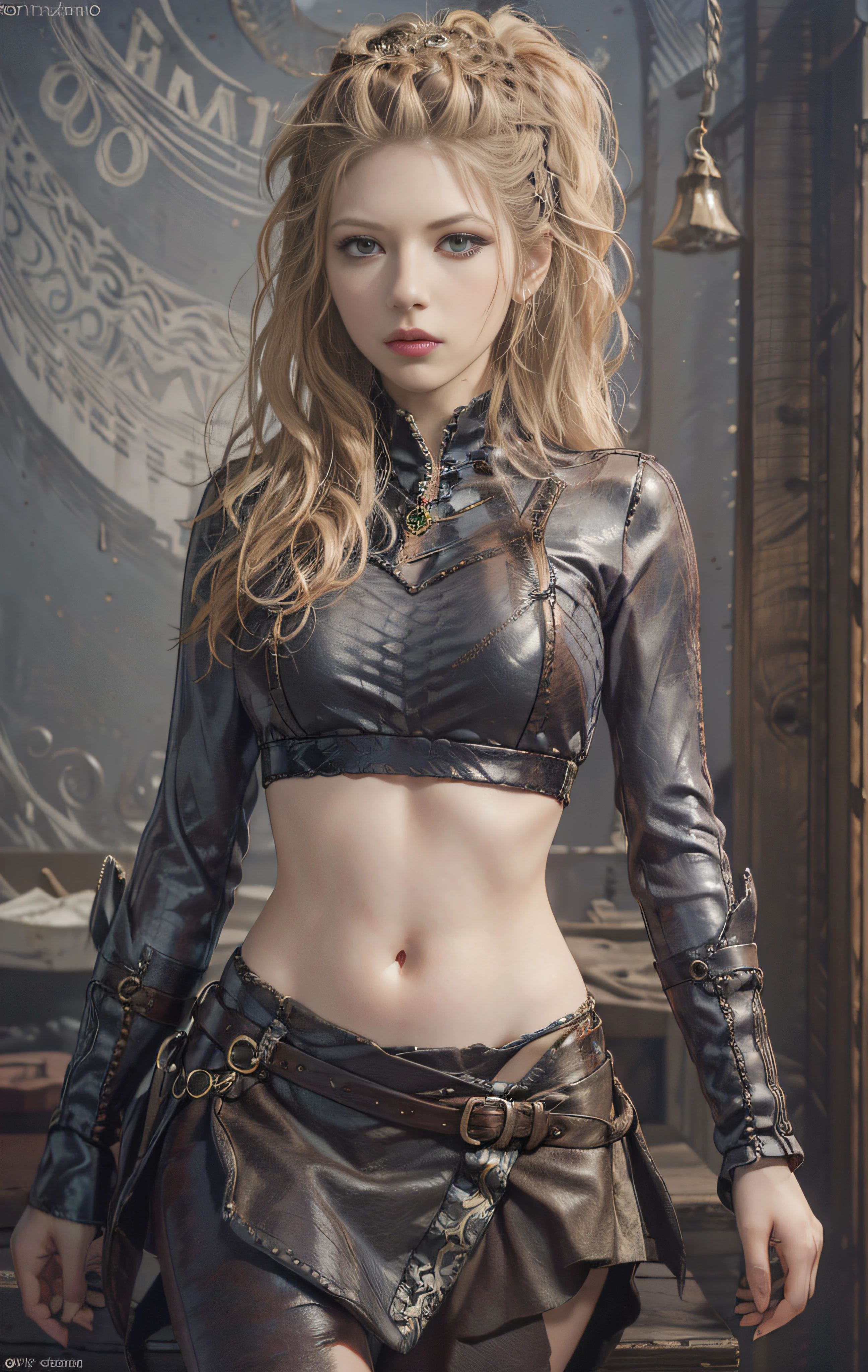 (high resolution)++, (pale skin)++, (very pale skin)++, Millie bobby Brown, (huge breasts)+++, bare breasts, defined muscleuscular)+++, (six-pack abs)+, long wavy hair, sexy armor, steampunk, victorian city