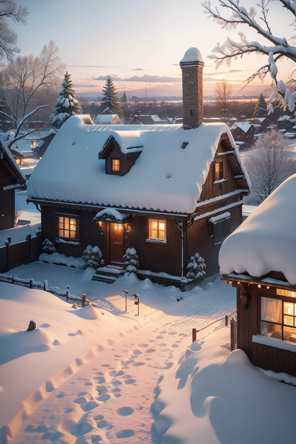 Snowy view of the town,at dusk at golden hour,Interesting plants and animals in the yard,A thin layer of snow covered the ground,Dotted with several footprints,Greenery dots the entire scene,Two-storey stone house,Nordic classical style。