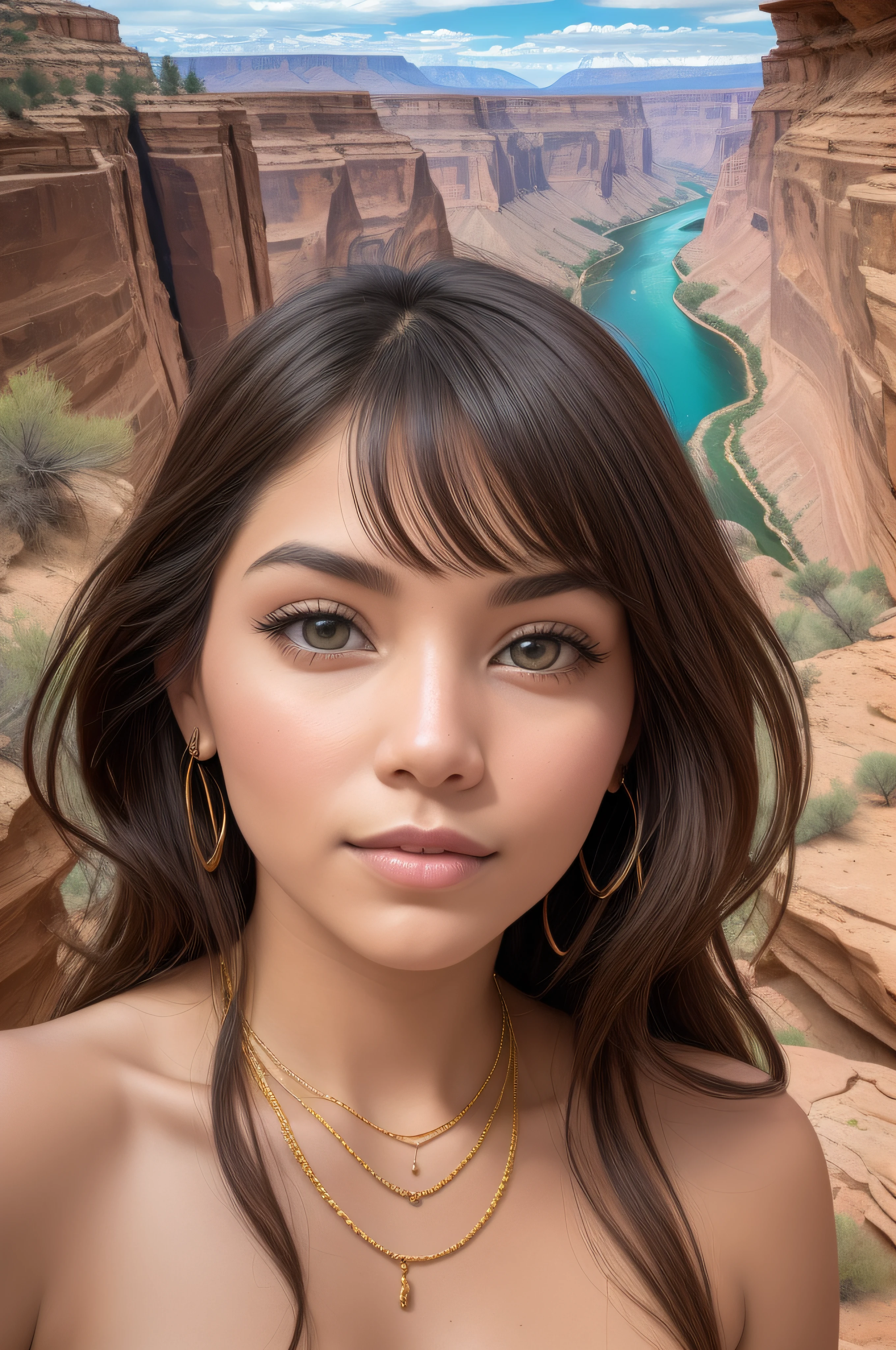 A twenty old, brown-haired, Naked, Native American woman, between the ages of 20 and 25, stands in the heart of the canyon, her sparkling eyes radiating an amorous allure. Her presence in this natural wonderland is a reflection of her connection to the land and her people's rich history. Her gaze invites you to explore the depths of her captivating heritage against the backdrop of the canyon's grandeur.