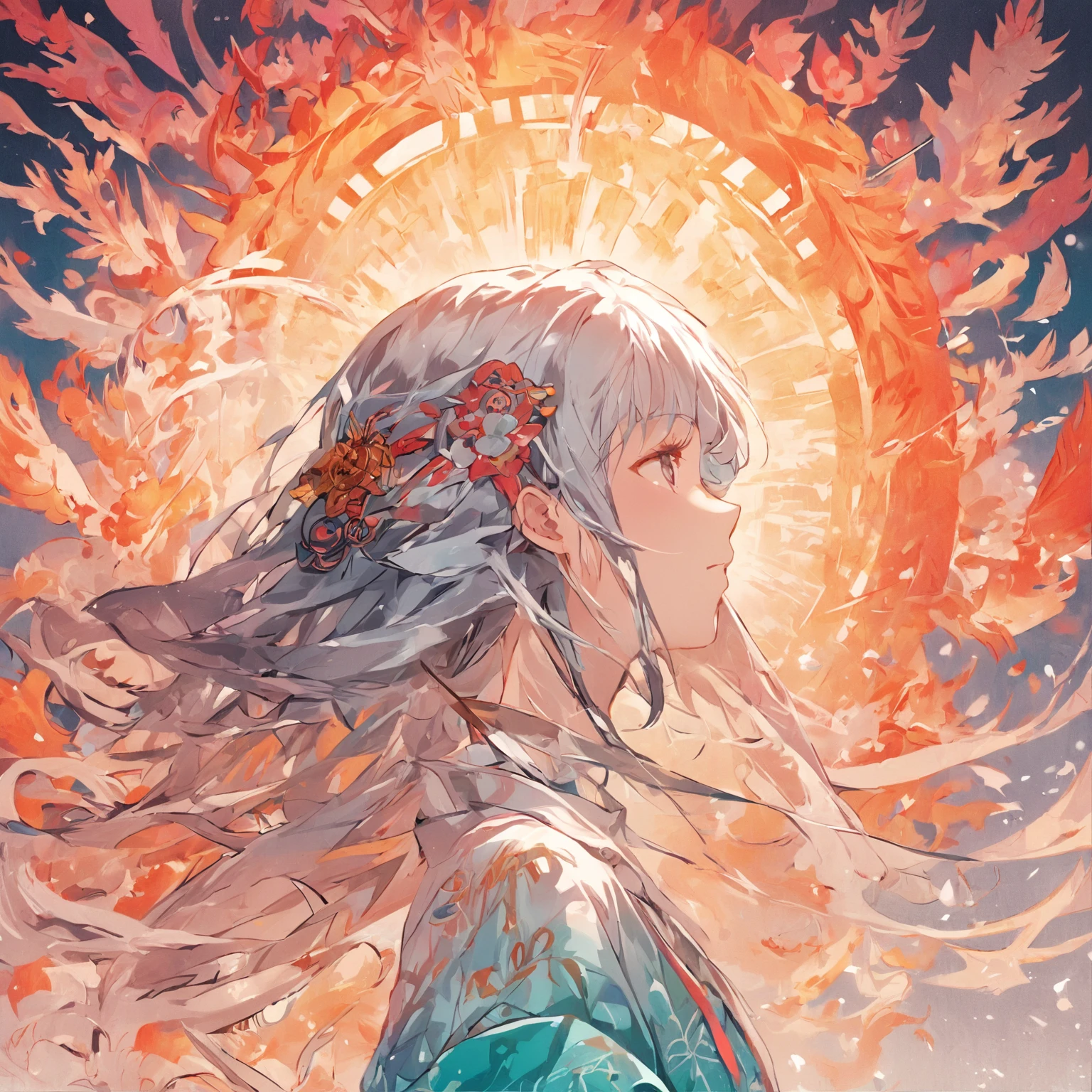 (White background:1.4),(Silhouette of a girl's head, Eyes closed, Colorful long hair, Oriental elements),(Chinese Illustration:1.3,paper art:1.3, Quilted Paper Art:1.2),( Reasonable design, Clear lines, High Sharpness,Best Quality, Very detailed, masutepiece, Movie Light Effects, 4K )