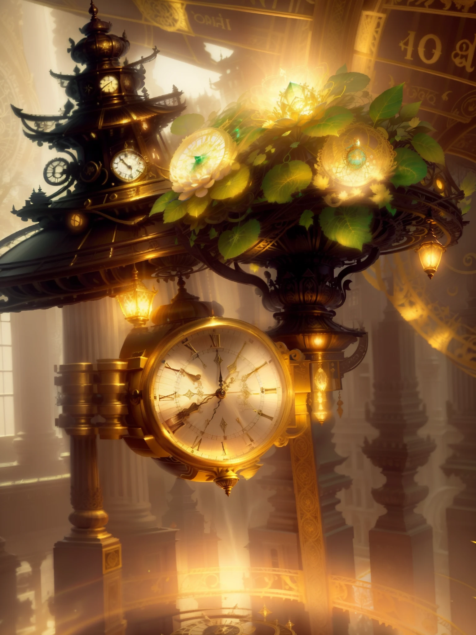 Photo of a large hand holding an antique gold watch, A mini city under the clock, magia-fantasia-florta, Arte Digital, most amazing art in the world, ((Sem humanos)), light volumetric, cores suaves equilibradas, Florta Scenery, videiras, UHD, render de octanas 8k, Magia, Awesome, Ethereal, intrincado, design intrincado, Ultra sharp, Sombras, cores mais frias, trend in CGSociety, ((melhor qualidade)), ((obra-prima)), (detalhado), antique clock