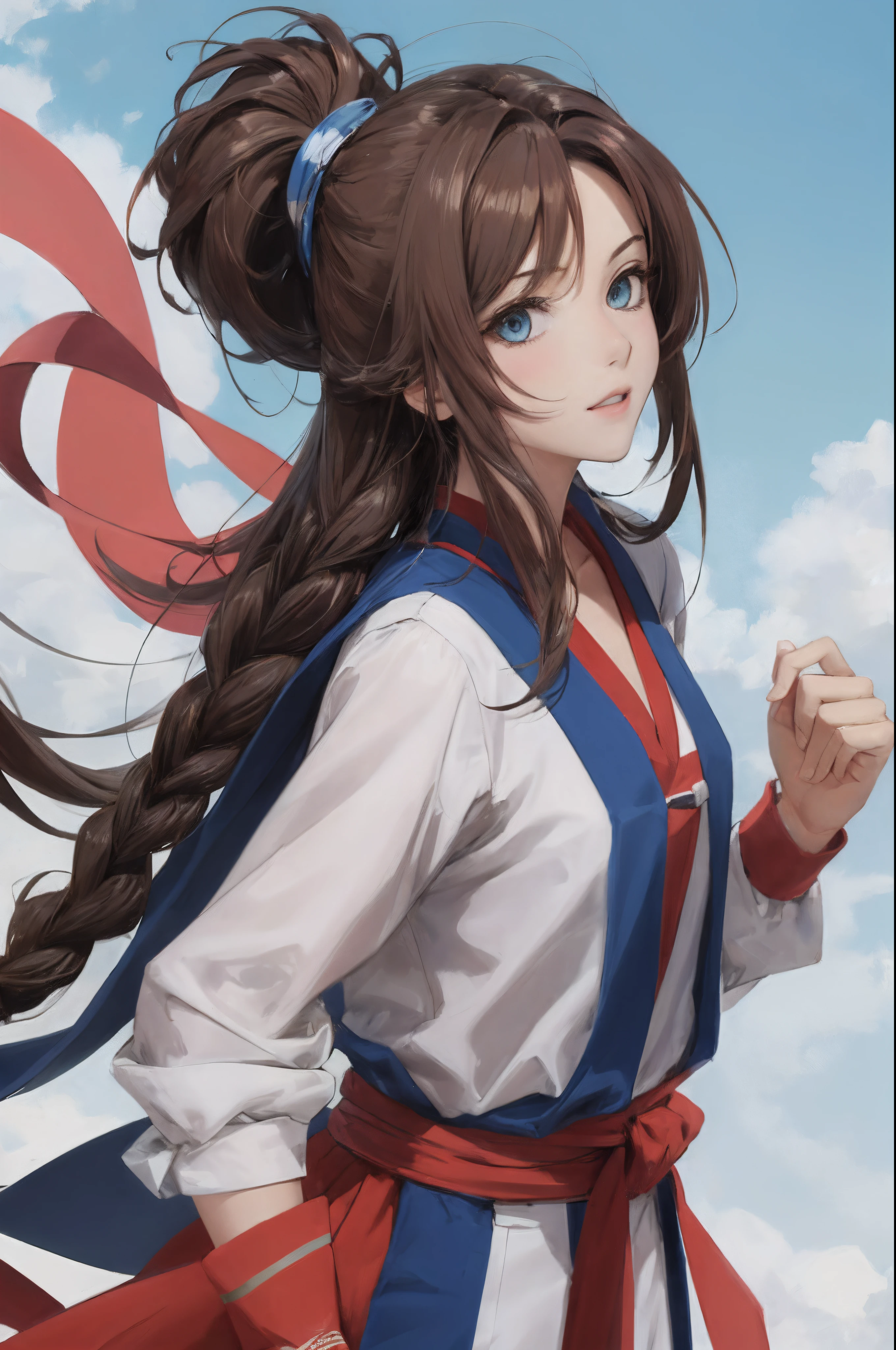Personagem de anime, brown hair with blue tips with braid, roupa estilo ninja cor vermelha e azul