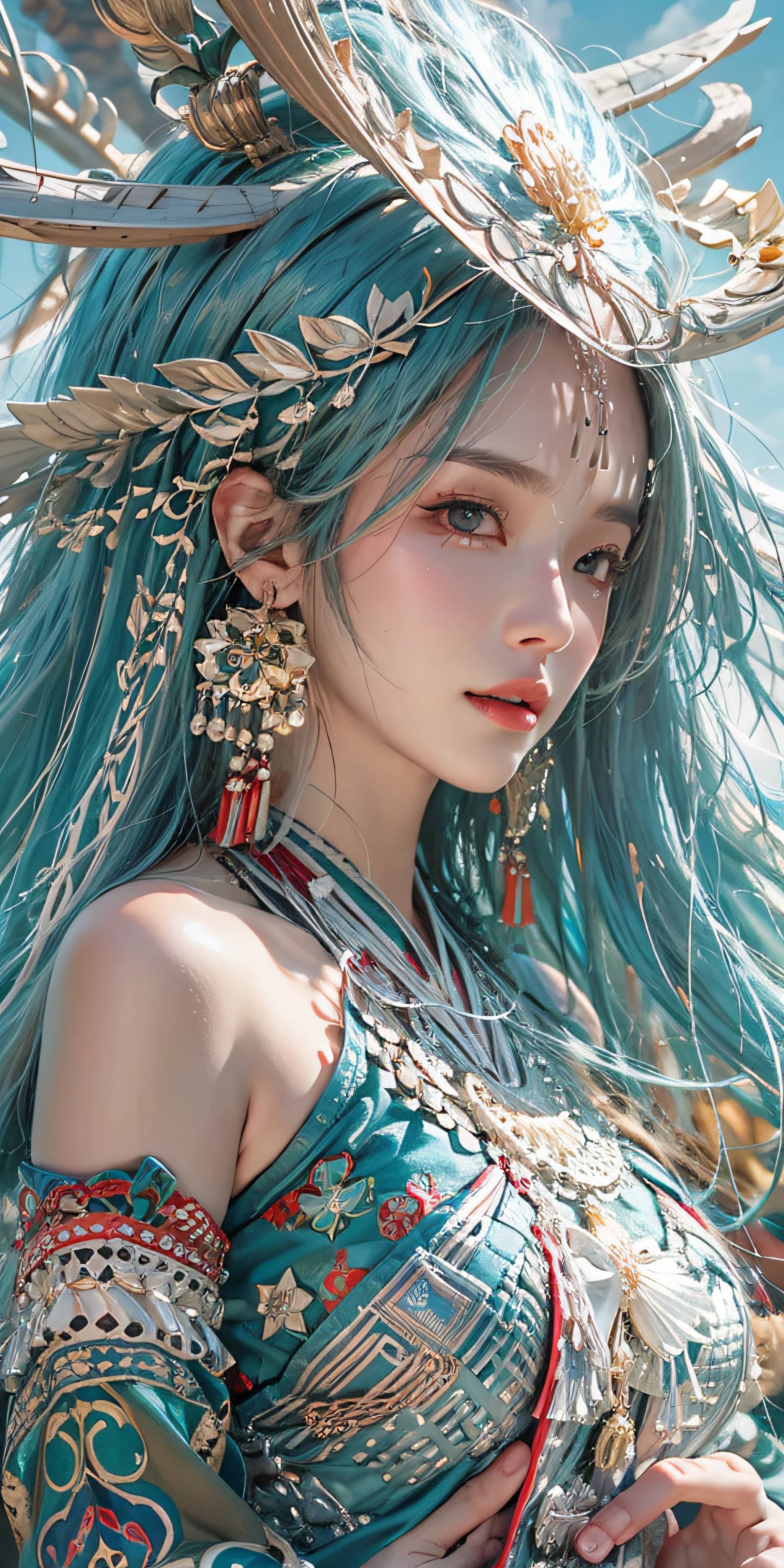 photorealistic, high resolution, soft light,1women, solo, hips up, shining skin, (detailed face), plateau,blue sky,rice fields,extreme detailed,torogao, hmong clothes, crown