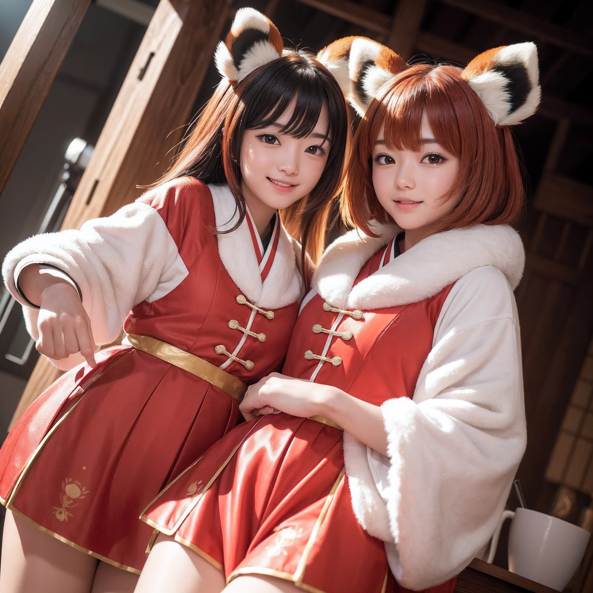 (8K、RAW Photos、top-quality、masterpiece:1.5)、(realisitic、Photorealsitic:1.5)、ultra-detailliert、超A high resolution、lighting like a movie、(((Idol who loves red pandas)))、(((Japan girls)))、(((Wearing a cute costume with a red panda motif)))、(Lots of red pandas:1.5)、cute smile face、Happy and energetic atmosphere、dynamic ungle、动态照明