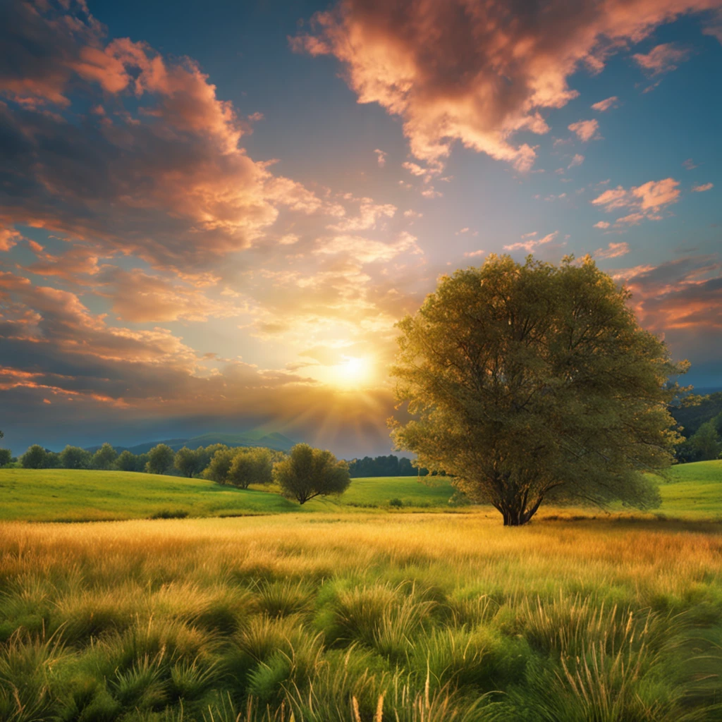 A sunset landscape painting best quality. Golden light shines on the meadow with straight rows of green trees. Clear blue sky with clouds floating in the sky. The gentle breeze rustling the leaves