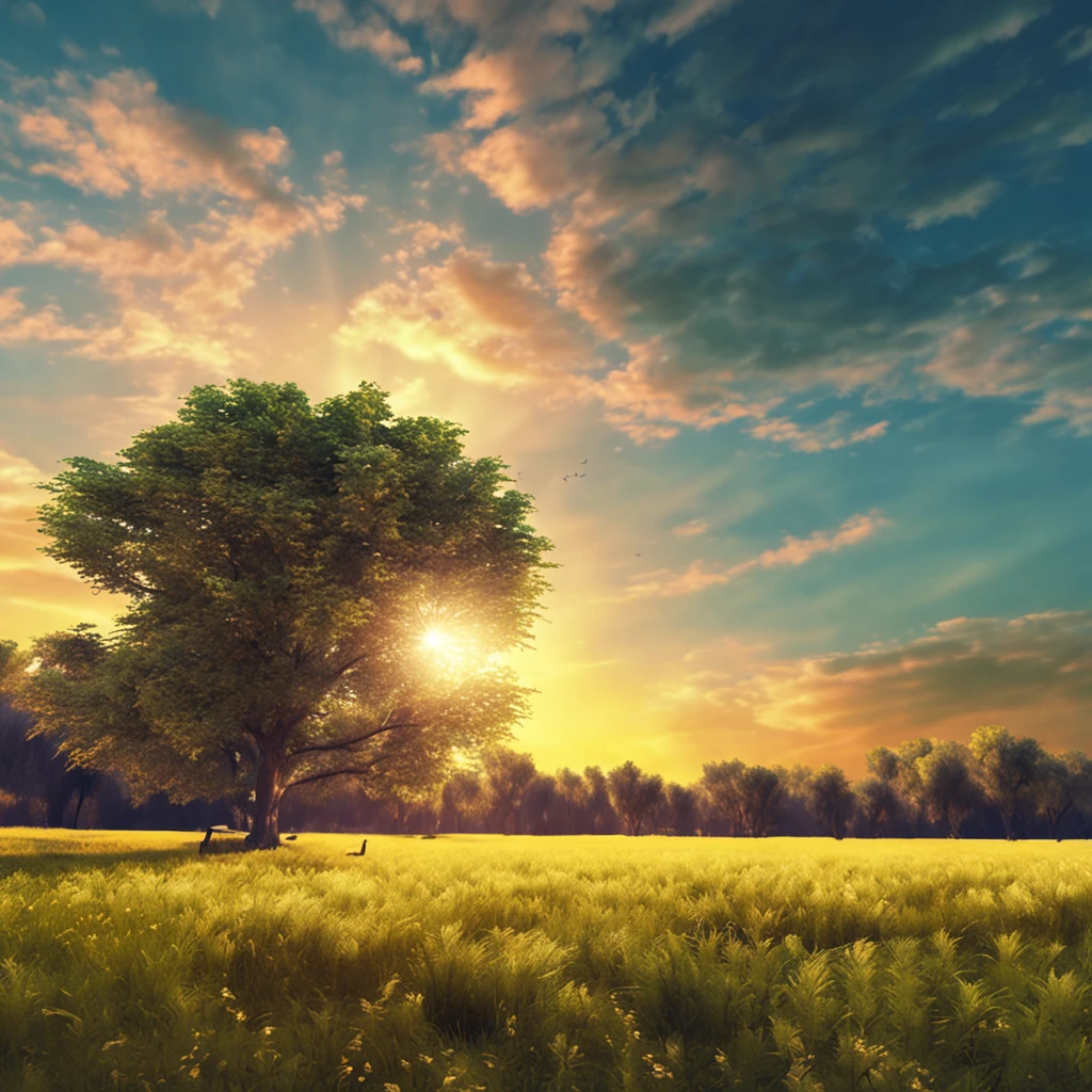 A sunset landscape painting best quality. Golden light shines on the meadow with straight rows of green trees. Clear blue sky with clouds floating in the sky. The gentle breeze rustling the leaves