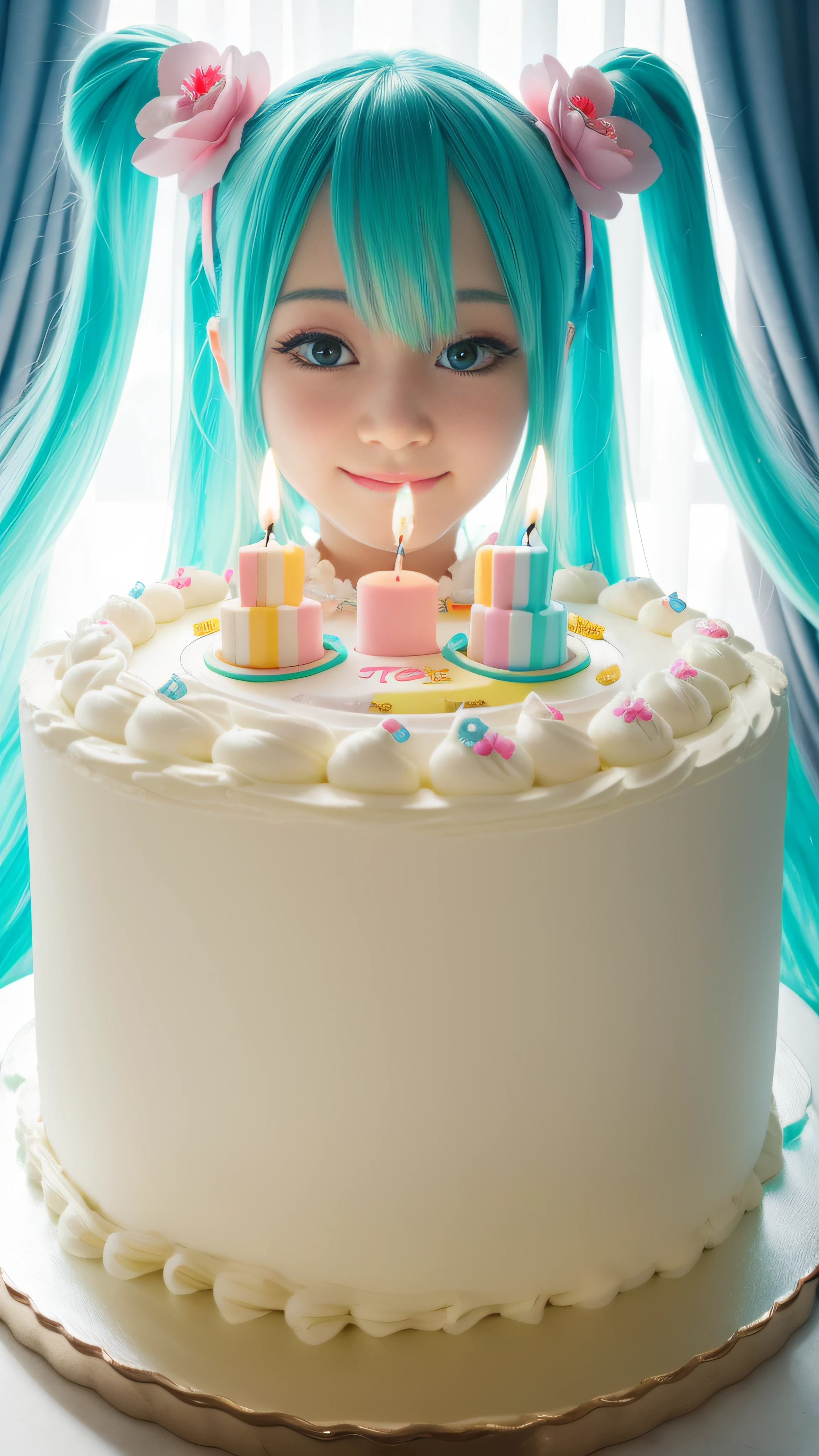 Hatsune Miku sits on a huge creamy birthday cake,The birthday cake is lit with colorful birthday candles,happy birthay,ssmile,exquisite facial features,Elaborate Eyes,Gentle and shy face,Peerless beautiful girl,Advancedsense,Hold the strawberry between the buttocks
