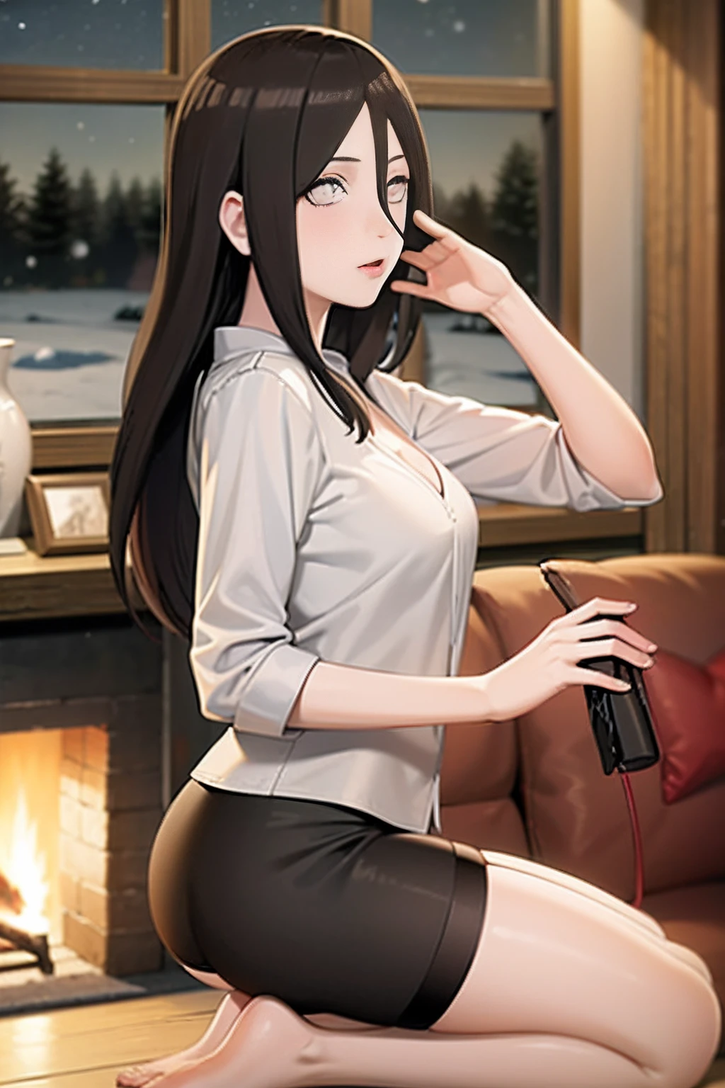 Masterpiece, Highly detailed, Best quality, 超高分辨率, 1girll, Solo, (Snow outside the window,By the fire,perspire,Be red in the face),(Medium breasts), Breasts, (Hana than Hinata:1), (inside dojo),(White color blouse,Long black stockings,sitting in the couch,Kneeling,), cleavage, From the front side,sitted,on a sofa,Black eyes,White eyes white