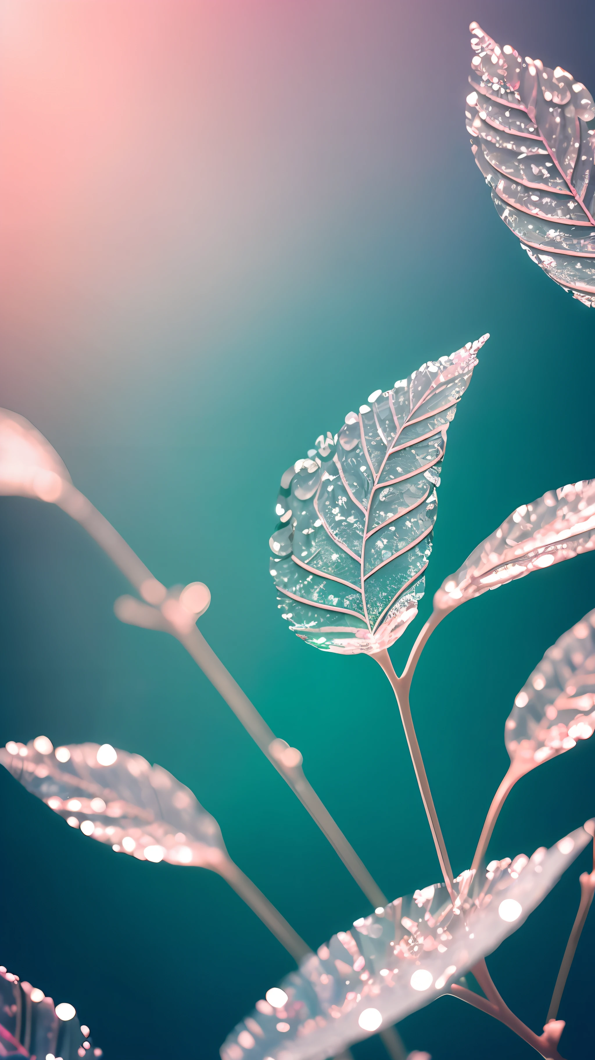 Crystal spring flower，Pink white gradient，water drop，Fantastical, galaxies, Transparent,, Pink white gradient，water drop，Light blue leaves，Sparkle, Sparkle, brilliance, Water，colorful，, Magical photography of light blue leaves, dramatic illumination, Photo realism, Ultra detailed, 4k, depthoffield, high resolusion