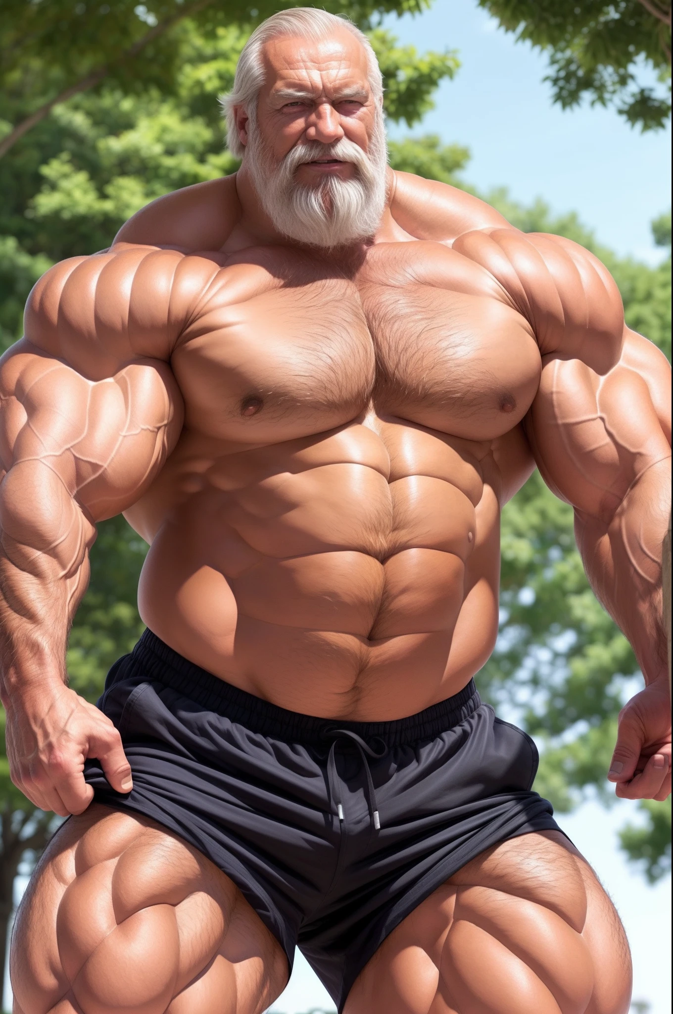 (huge muscular old man), (massive muscle) there is a man that is standing in park (wearing shorts), he is about 8 0 years old, 70 years old, 7 0 years old, huge muscular old man, bearded, anime face