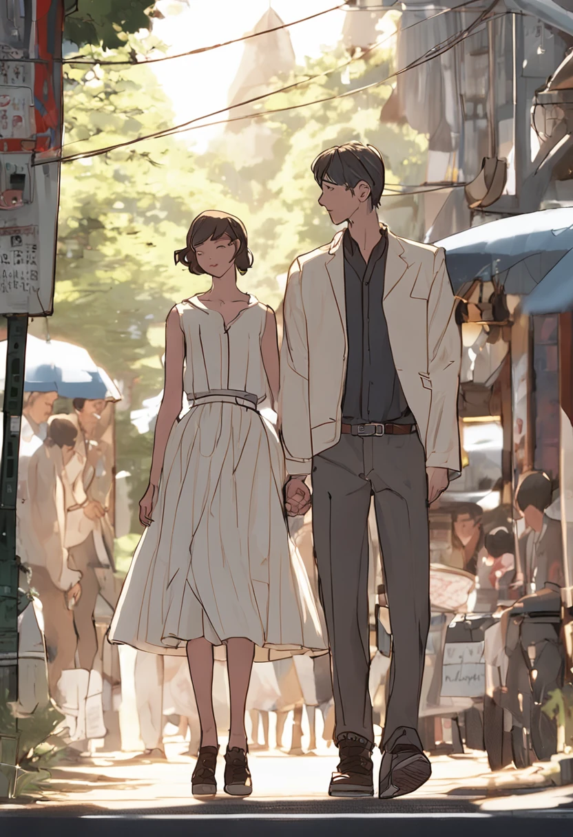 There are two people, a man and a woman.、Slender woman covering a man、Delicate brown hair,A slight smil、Black tube top、Light cream tulle skirt。Beige boots、Walk straight、Super Detail,Anatomically correct、Ray traching,细致背景、