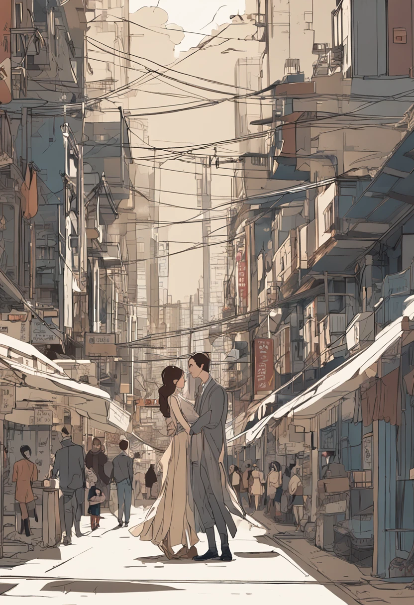 There are two people, a man and a woman.、Slender woman covering a man、Delicate brown hair,A slight smil、Black tube top、Light cream tulle skirt。Beige boots、Walk straight、Super Detail,Anatomically correct、Ray traching,细致背景、