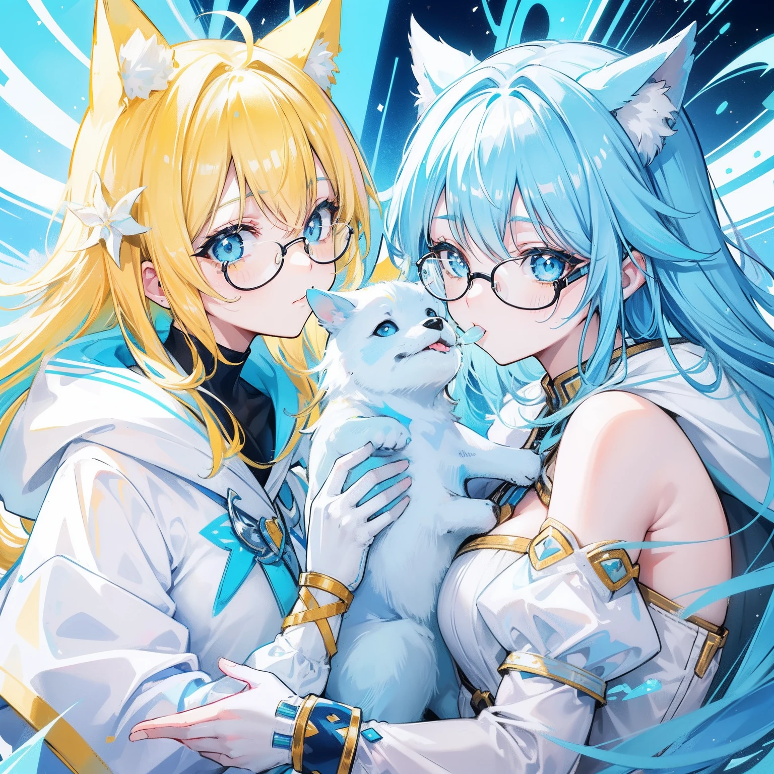 light blues，Yellow hair，Fluorescent milky white，Blue-pink pupils，Black thick-rimmed glasses，Yellow, Blue and white clothes，Super nice looking, Particularly sweet and cute female Aquaman，Many people are willing to do his licking dog，She is the faith of licking dogs