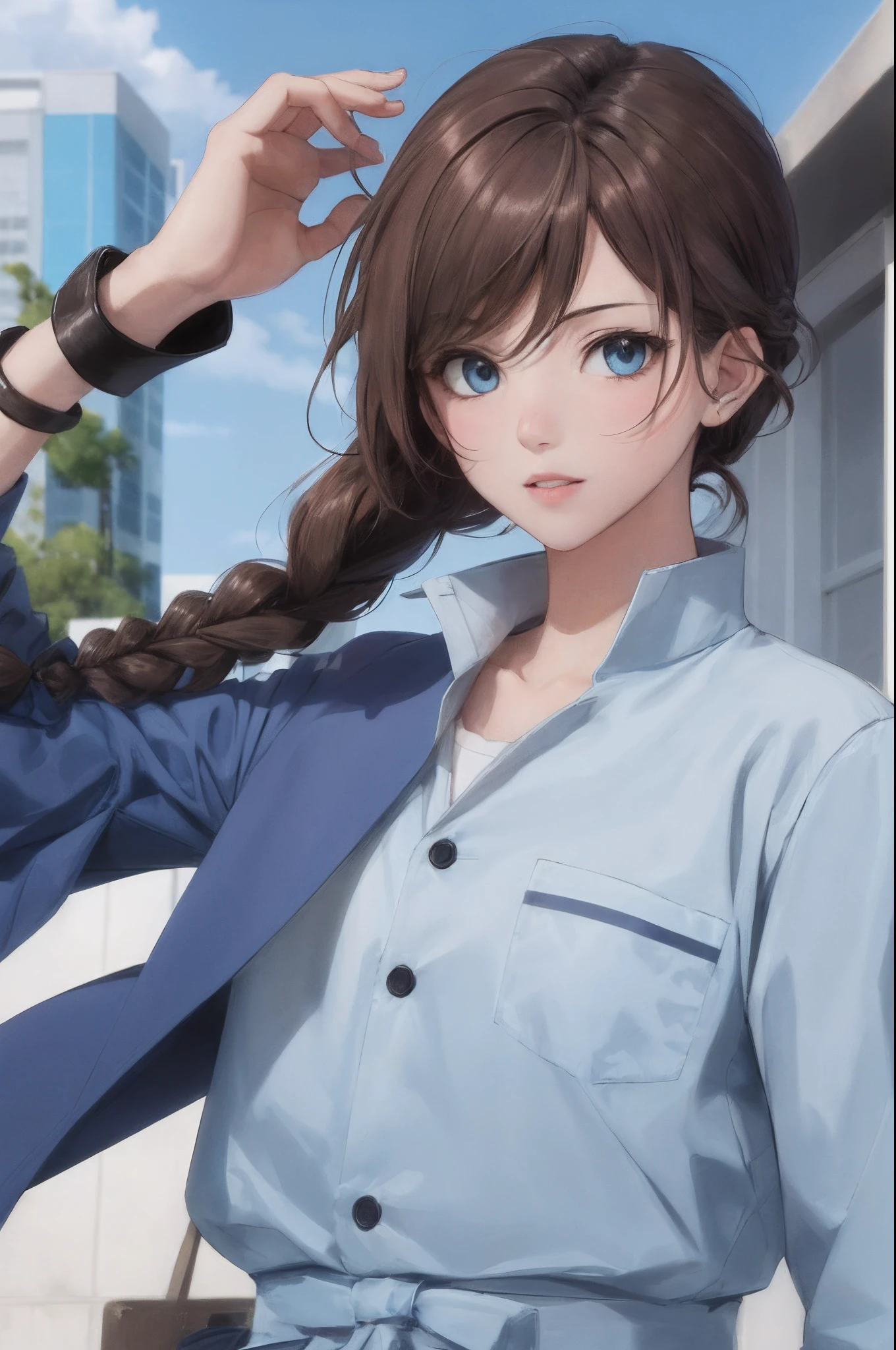 Personagem de anime, brown hair with blue tips with braid, roupa estilo ninja cor vermelha e azul