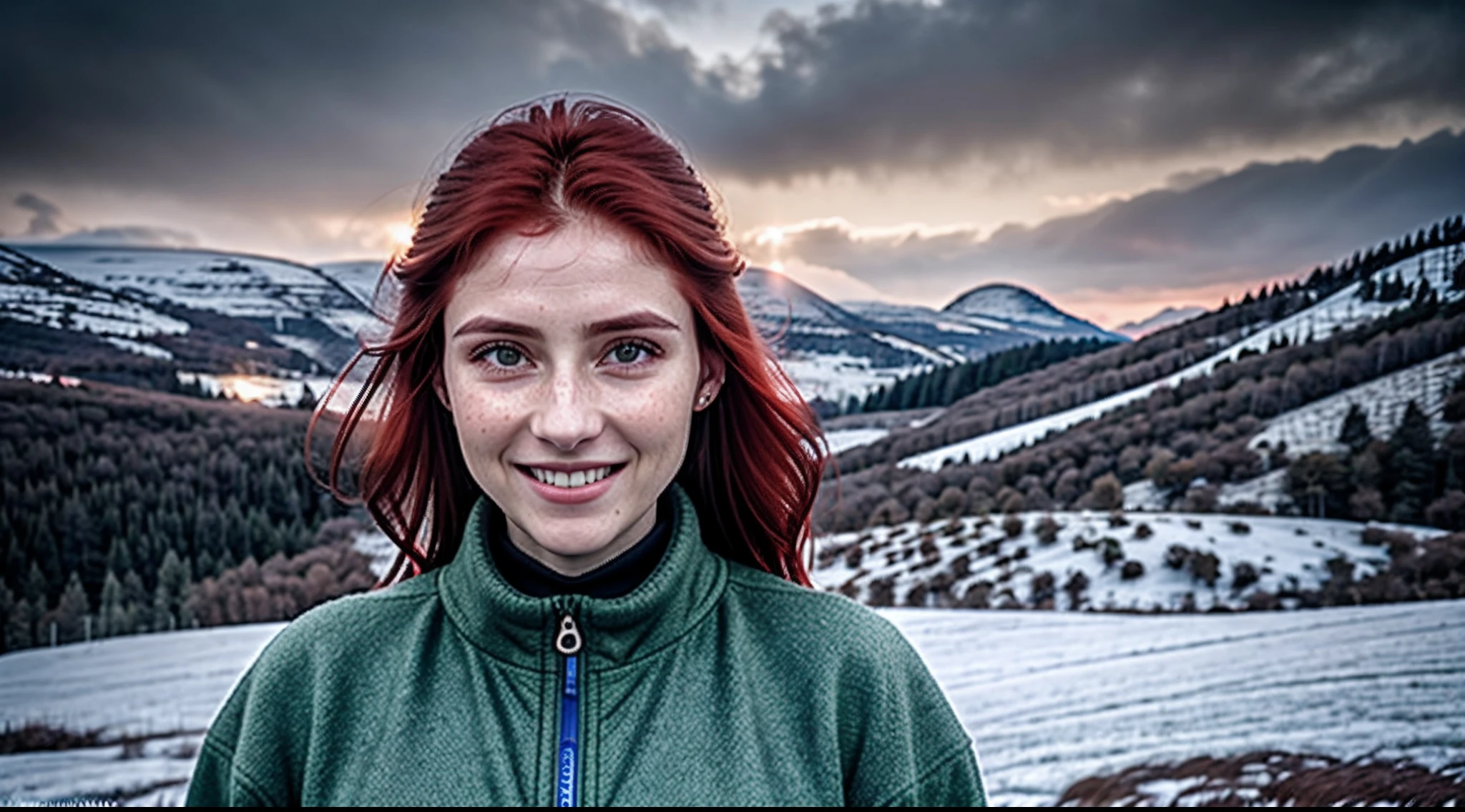 Foto RAW, 8k UHD, pele altamente detalhada, red hair woman, young, olhos verdes, master part, fotografia, Ultra realismo, Realistic, enjoying her day on a snowy mountain, sorridente, soft lighting, (pele altamente detalhada:0.7), (filmic grain:1.3), 8k UHD, DSLR, alta qualidade, HDRI, Fujifilm XT3