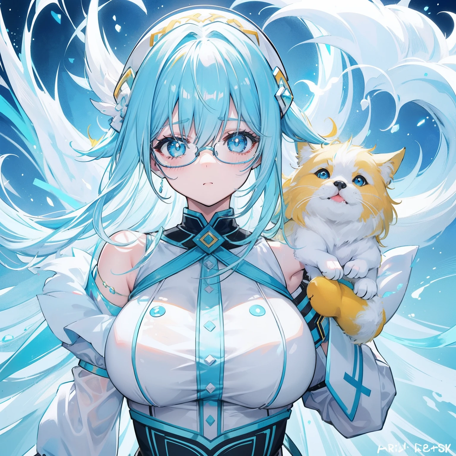 light blues,Yellow hair,Fluorescent milky white,Blue-pink pupils,Black thick-rimmed glasses,Yellow, Blue and white clothes,Super nice looking, Particularly sweet and cute female Aquaman,Many people are willing to do his licking dog,She is the faith of licking dogs