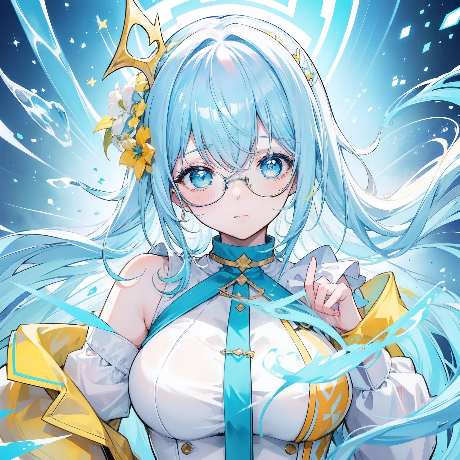 light blues，Yellow hair，Fluorescent milky white，Blue-pink pupils，Black thick-rimmed glasses，Yellow, Blue and white clothes，Super nice looking, Particularly sweet and cute female Aquaman，Many people are willing to do his licking dog，She is the faith of licking dogs